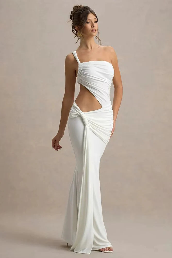 One-Shoulder Cutout Ruched Twist Bodycon Dress