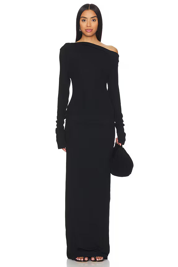 Asymmetrical Off-Shoulder Knit Long-Sleeve Dress