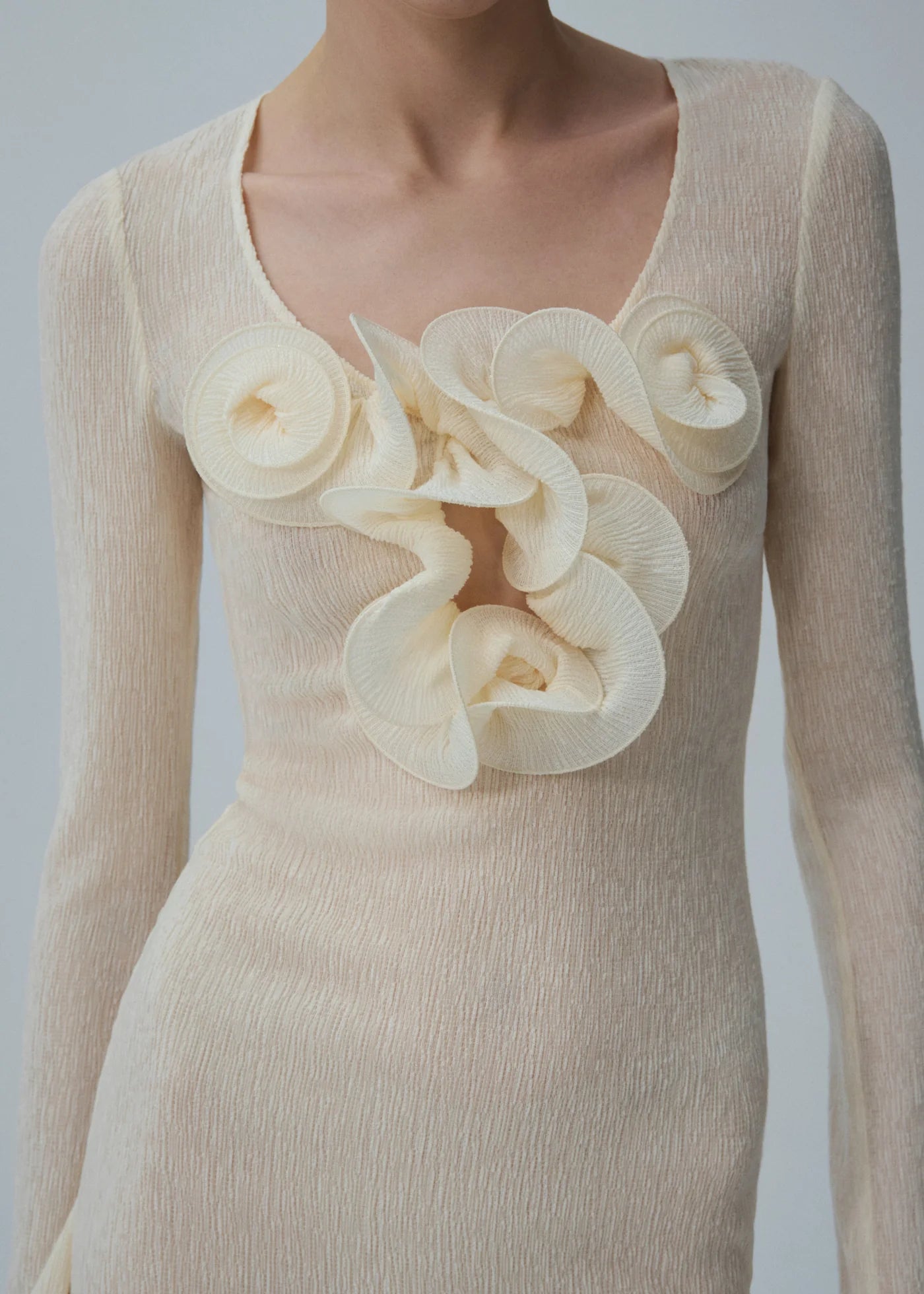 Round-Neck Long-Sleeve 3D Pull-Flower Textured Dress