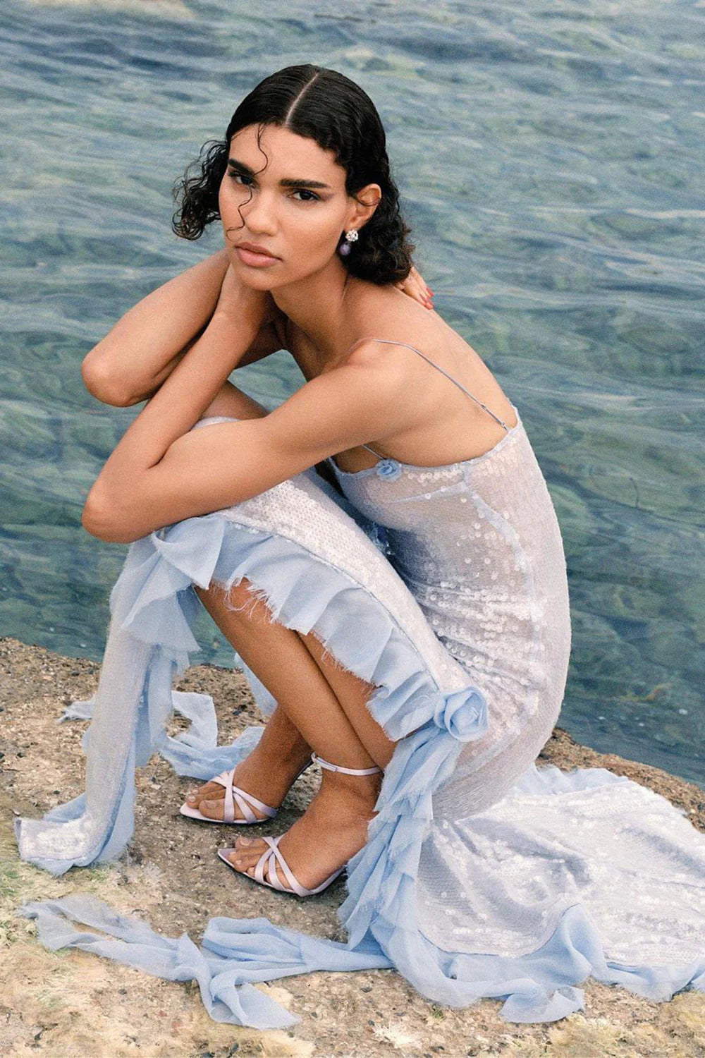 Spaghetti Strap Double-Slit Chiffon Sequin-Panel Dress