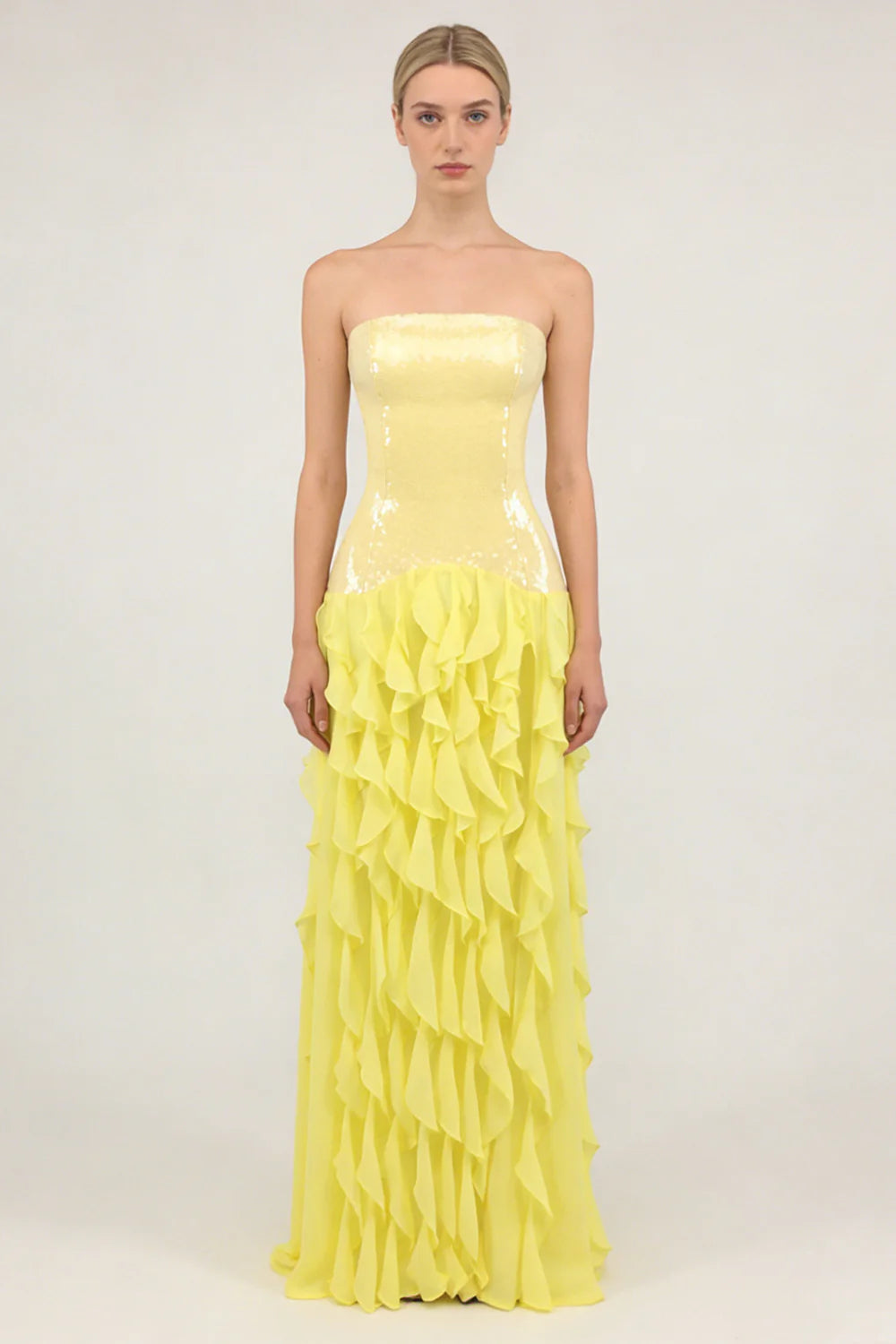 Strapless Sequin-Panel Chiffon High-Slit Dress
