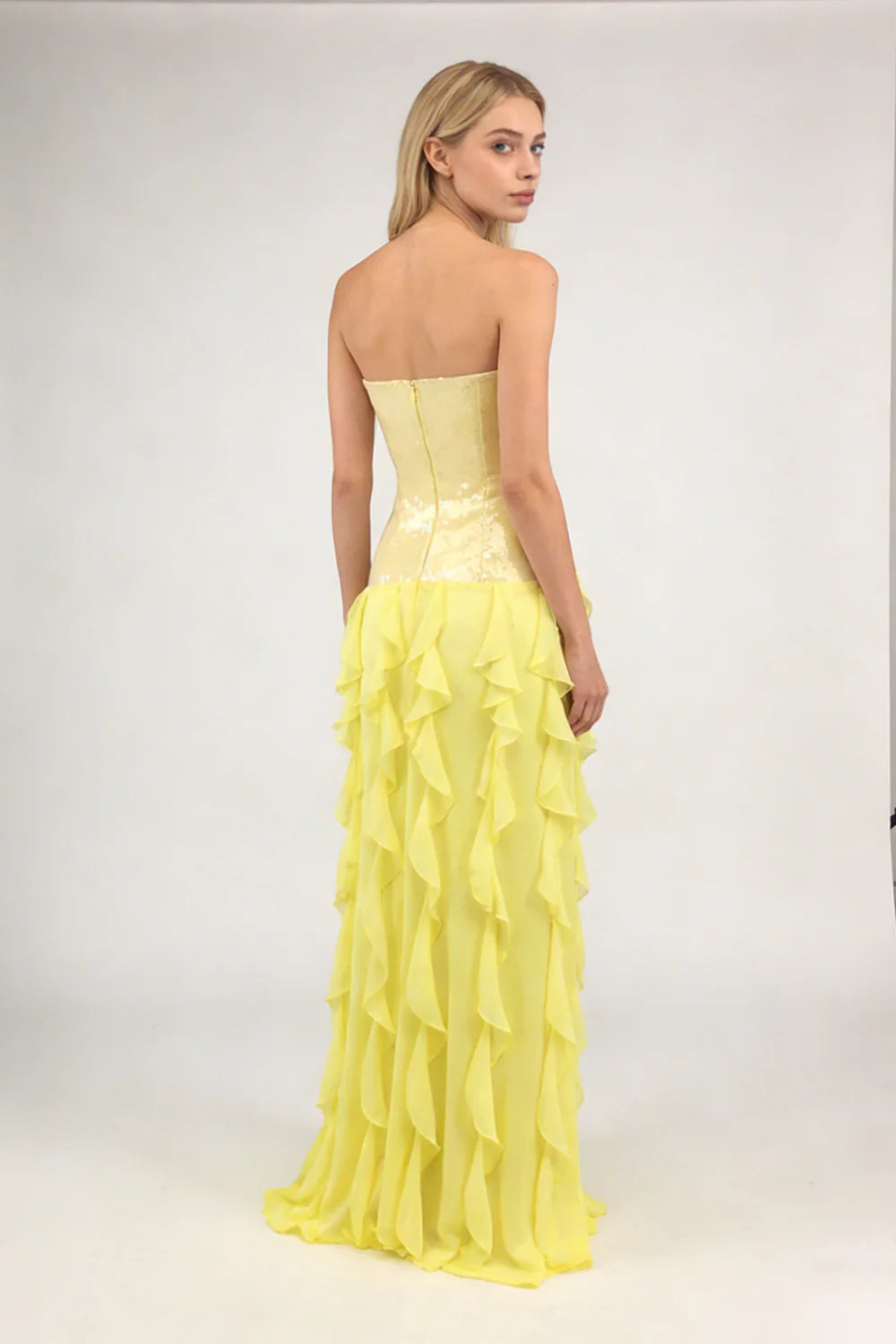 Strapless Sequin-Panel Chiffon High-Slit Dress