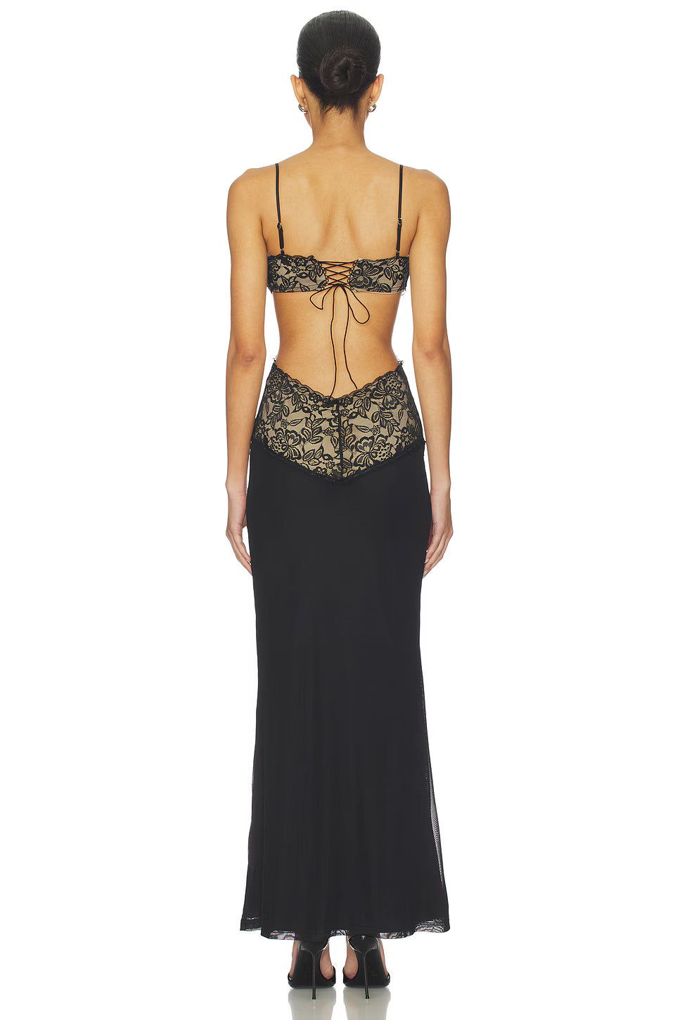 Spaghetti Strap Lace-Mesh Cutout Back Tie Dress