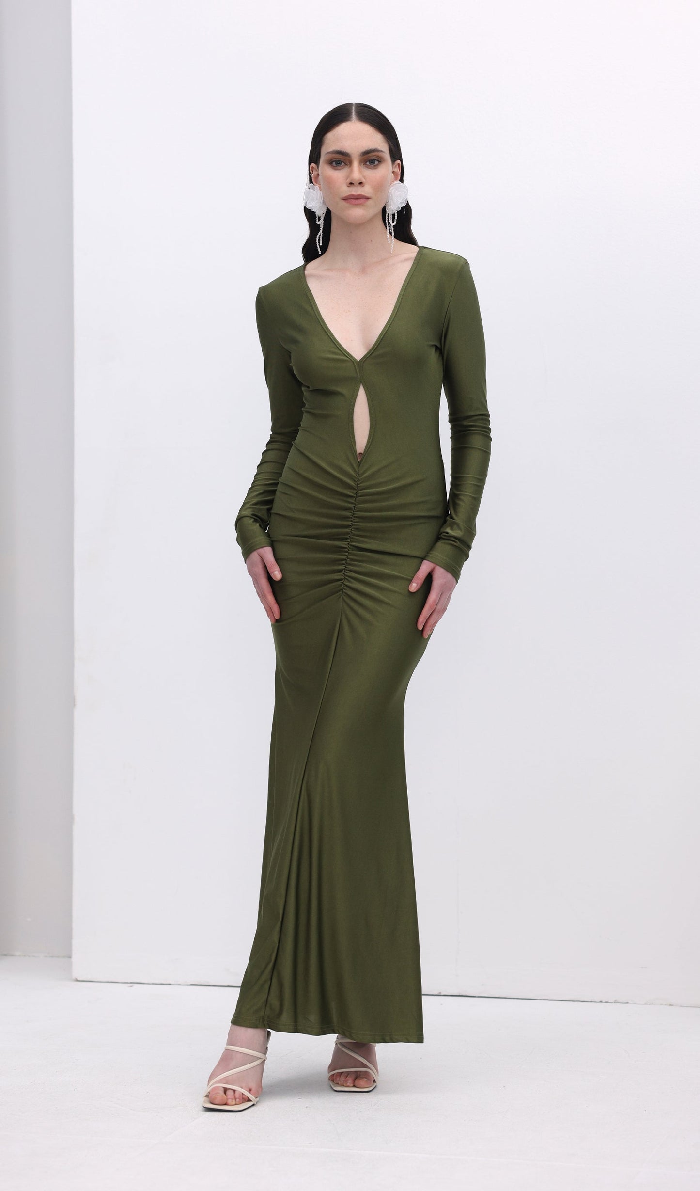 V Neck Ruched Maxi Dress