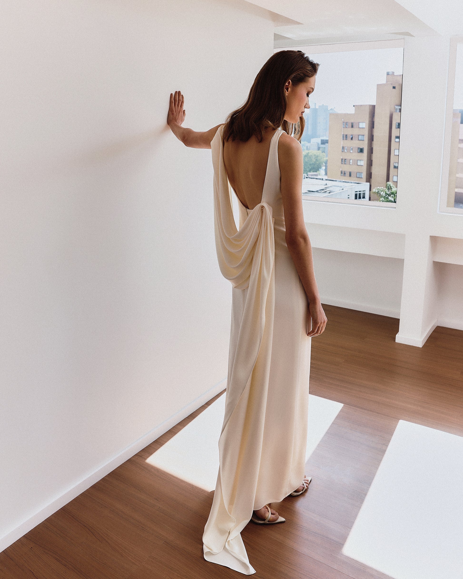 Boat-Neck Sleeveless Backless Shoulder-Knot Draped Satin Dress