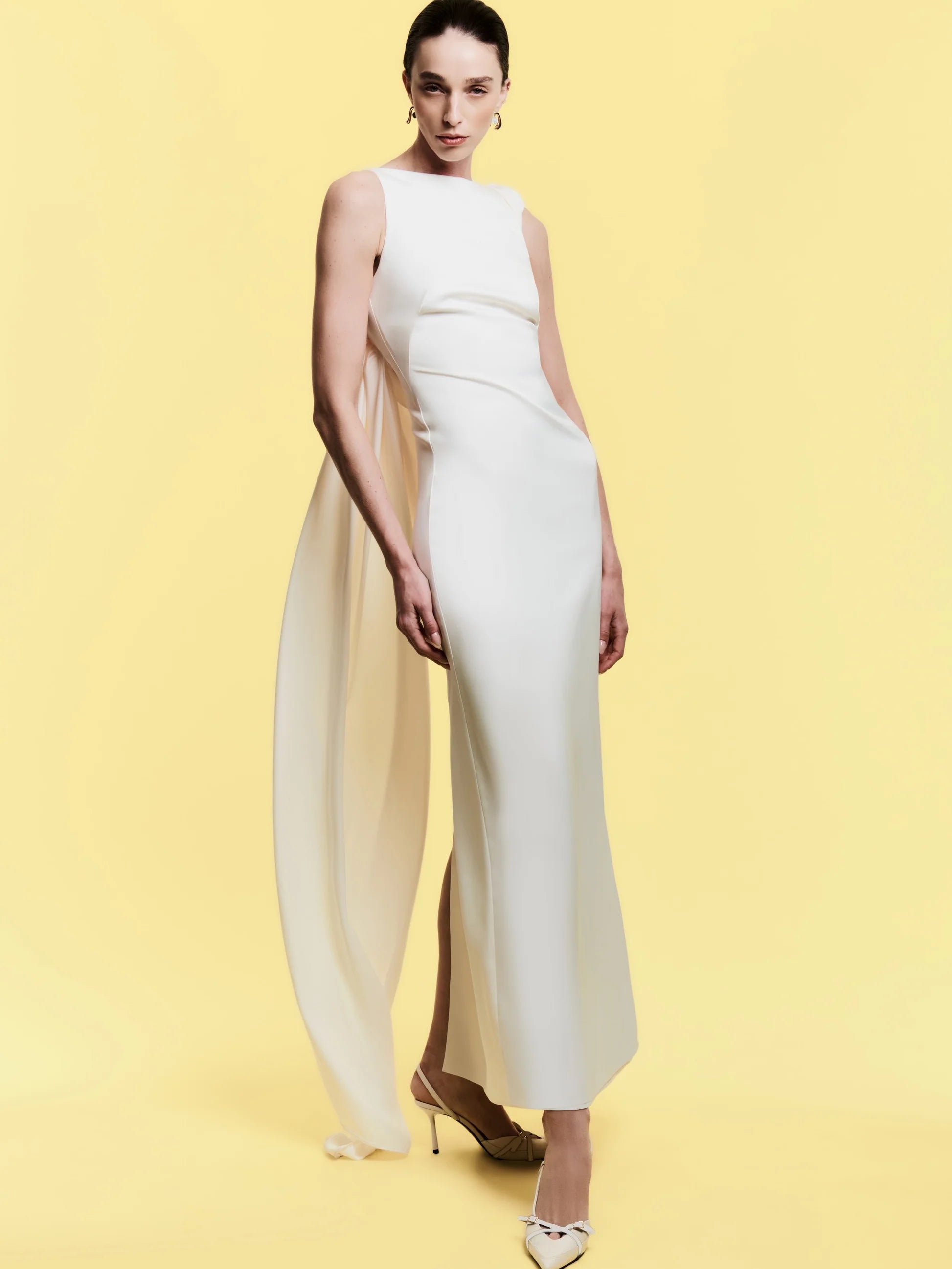 Boat-Neck Sleeveless Backless Shoulder-Knot Draped Satin Dress