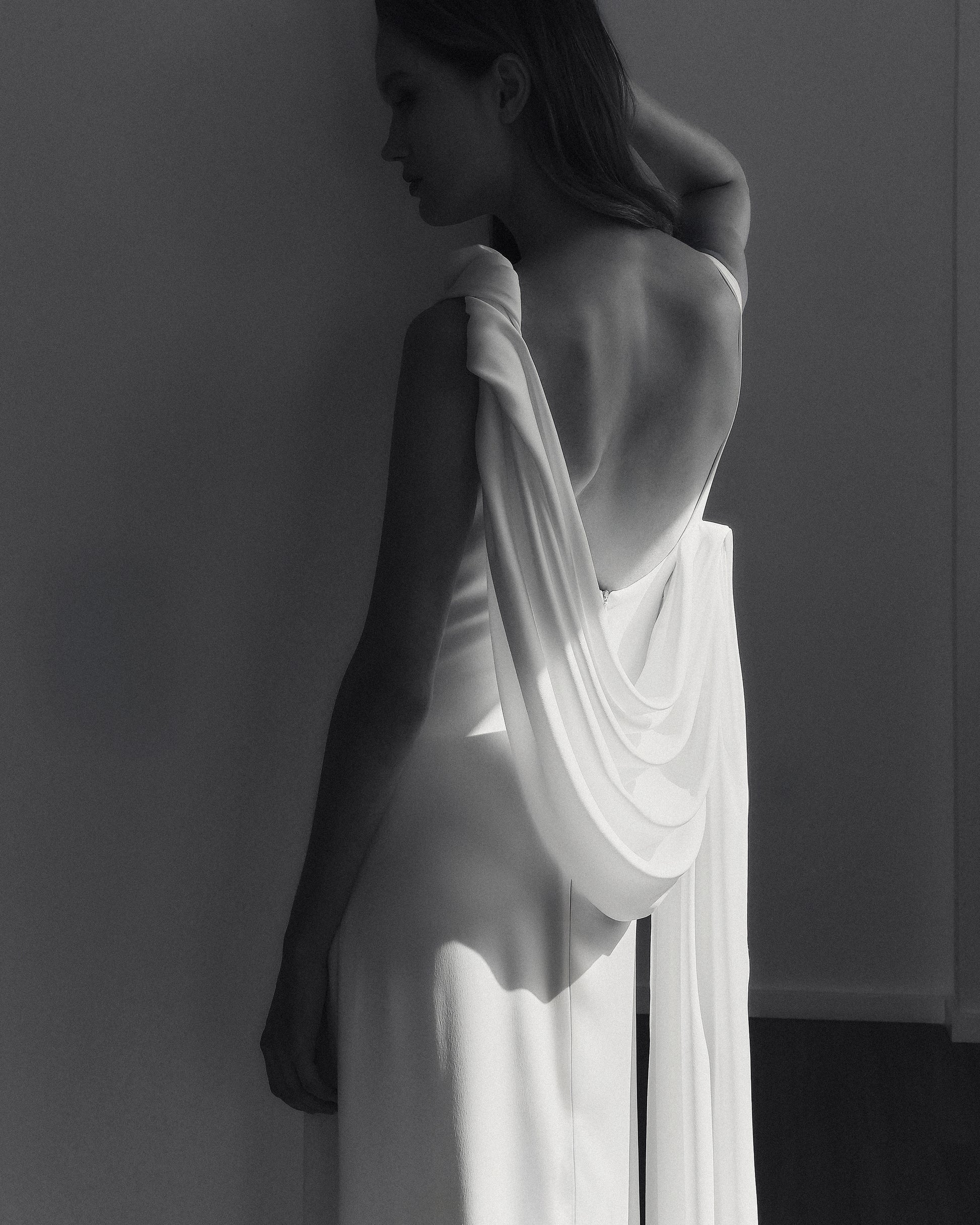 Boat-Neck Sleeveless Backless Shoulder-Knot Draped Satin Dress