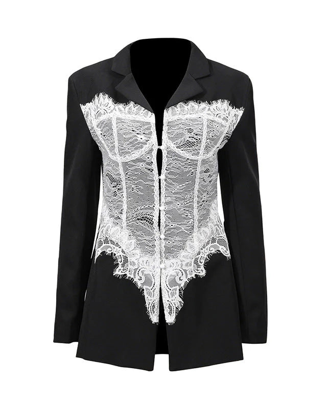 Lace-Splicing Blazer-Style Long-Sleeve Mini Dress