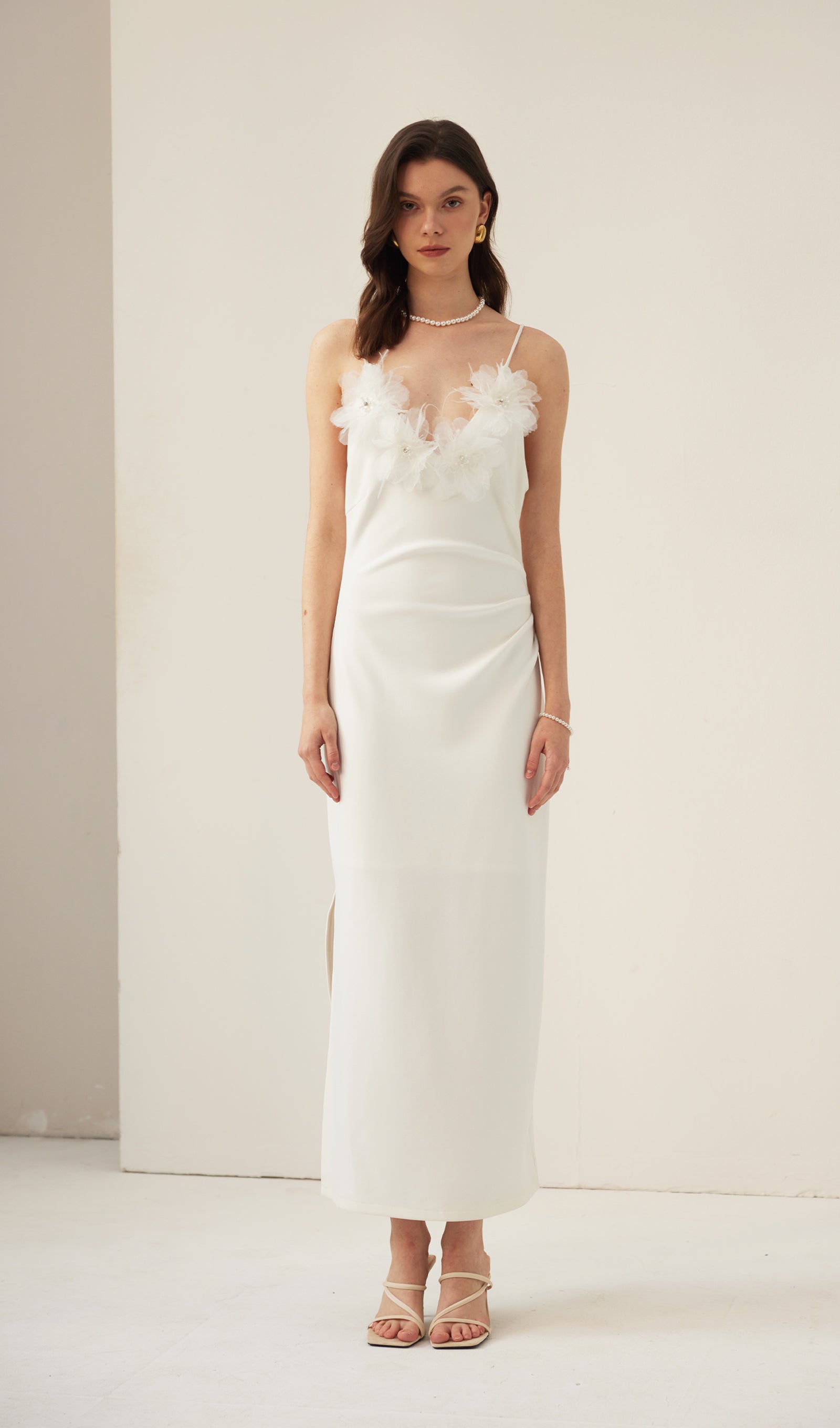 Feather Trim Slip Midi Dress