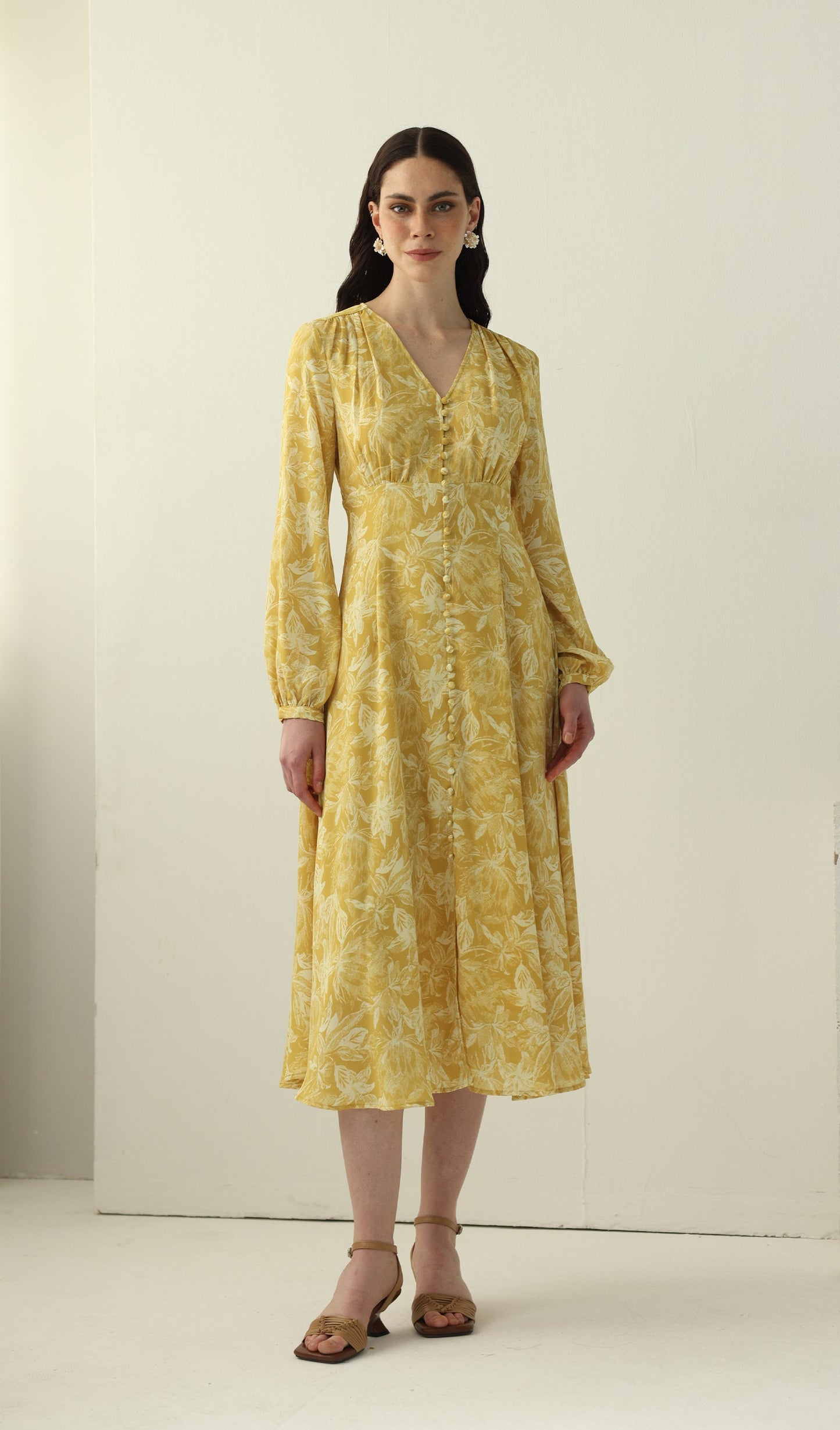 Yellow Floral Printed V Neck Midi Dress