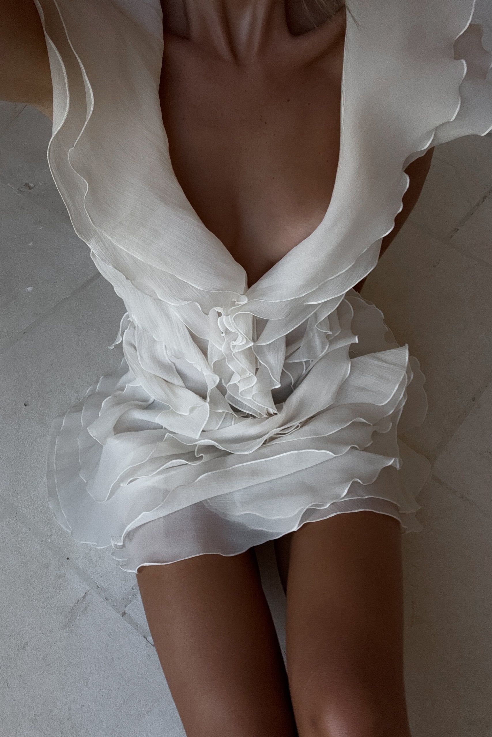 V-Neck Off-Shoulder Layered Ruffled Sleeveless Mini Dress