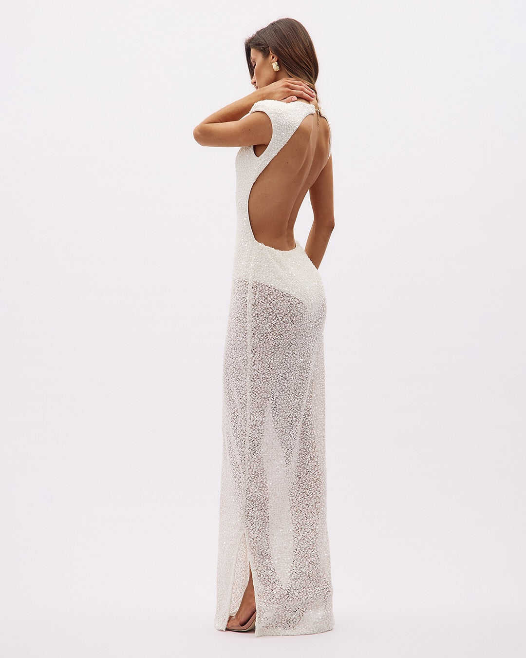Crew-Neck Flutter-Sleeve Open-Back Knit Dress