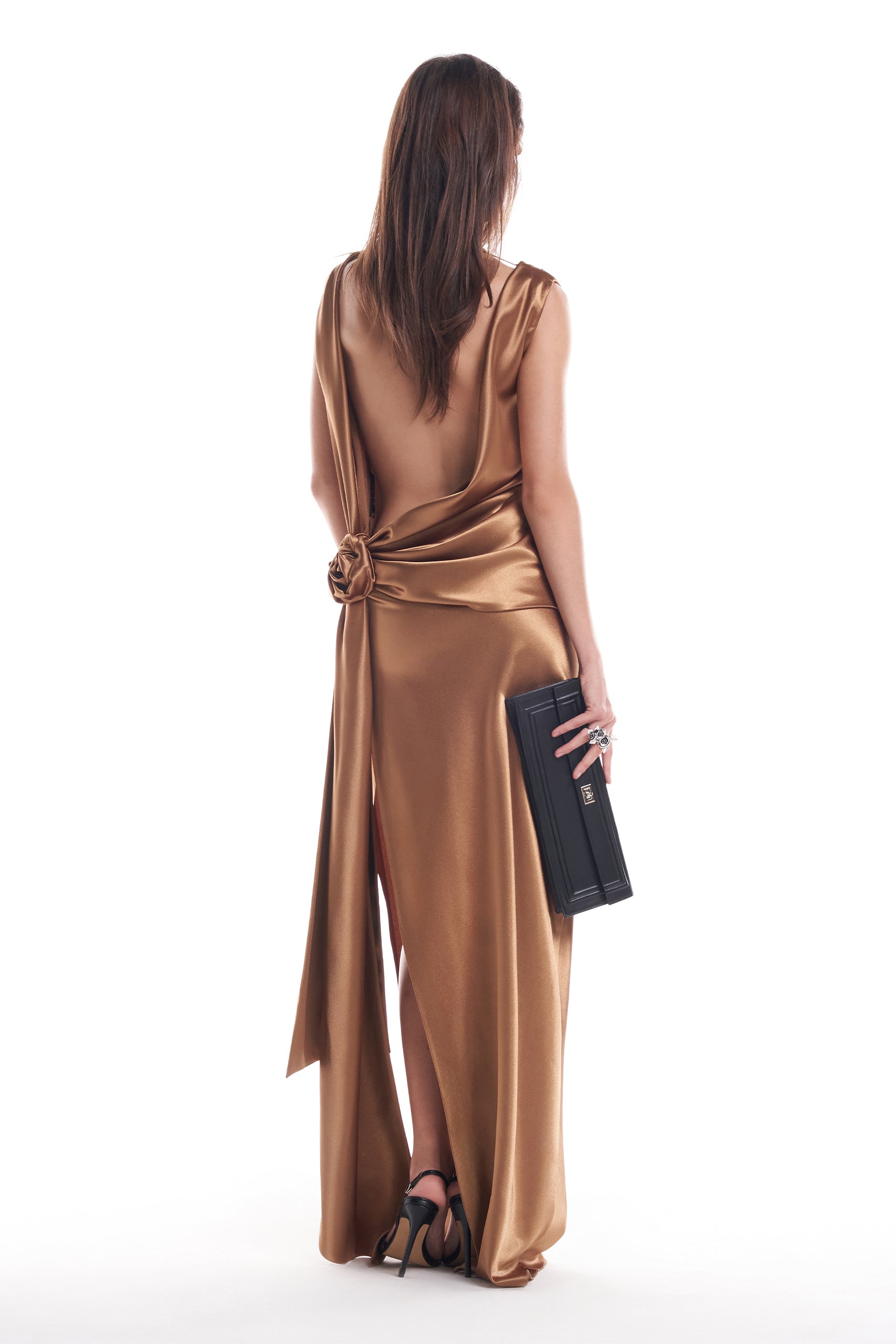 Backless Satin Floral Waist Dress