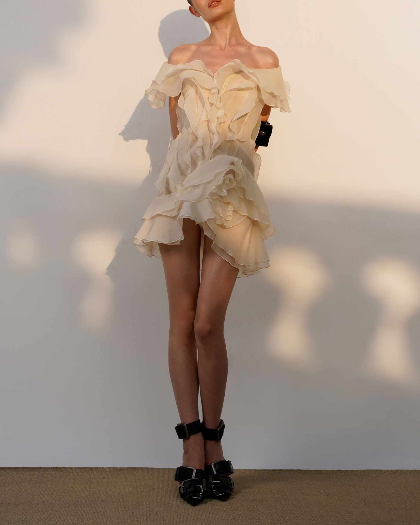 V-Neck Off-Shoulder Layered Ruffled Sleeveless Mini Dress