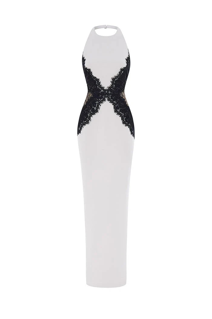 Crew-Neck Halter Backless Lace-Splicing Waist Side-Slit Dress