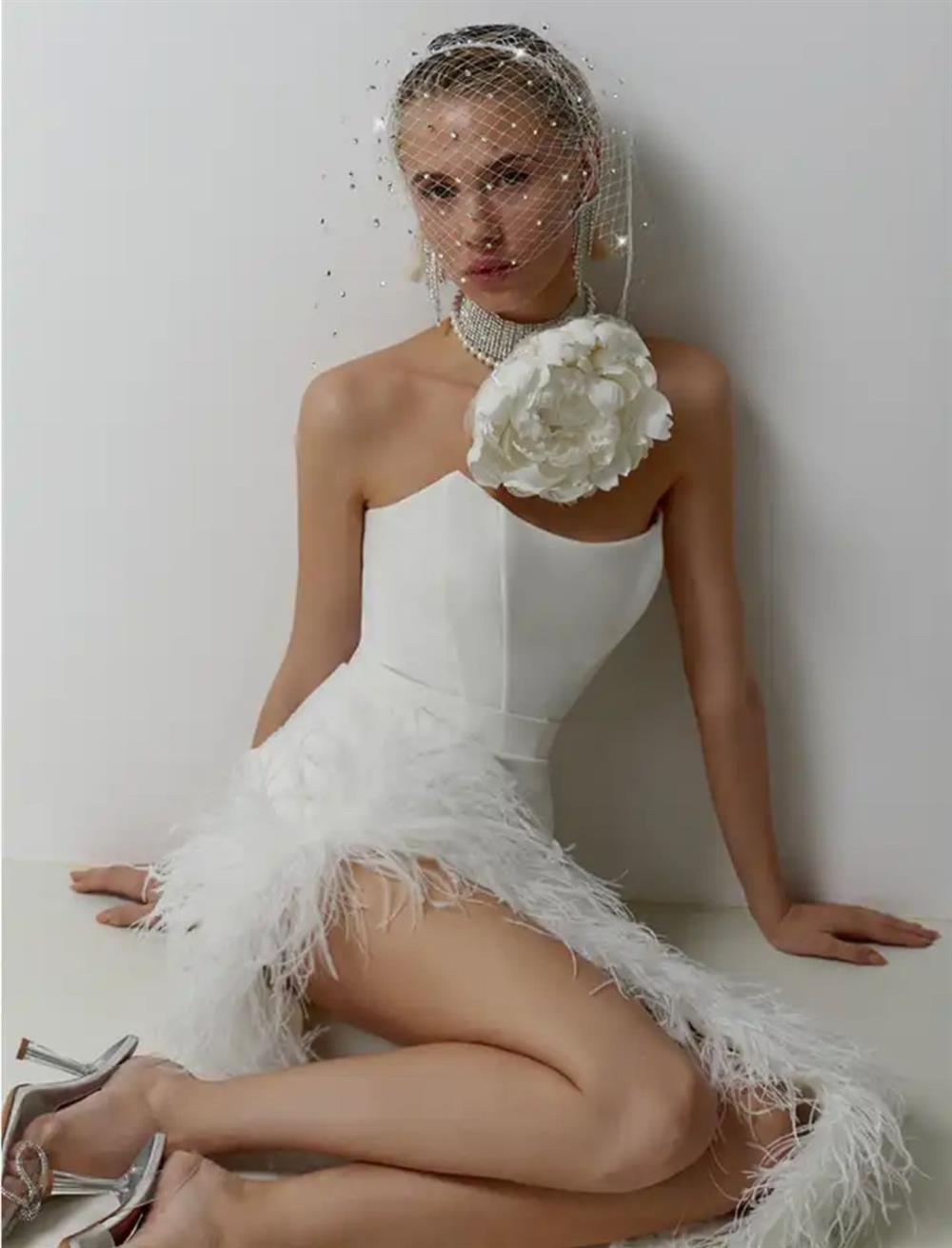 Strapless Feather-Trim Side-Slit Bodycon Dress