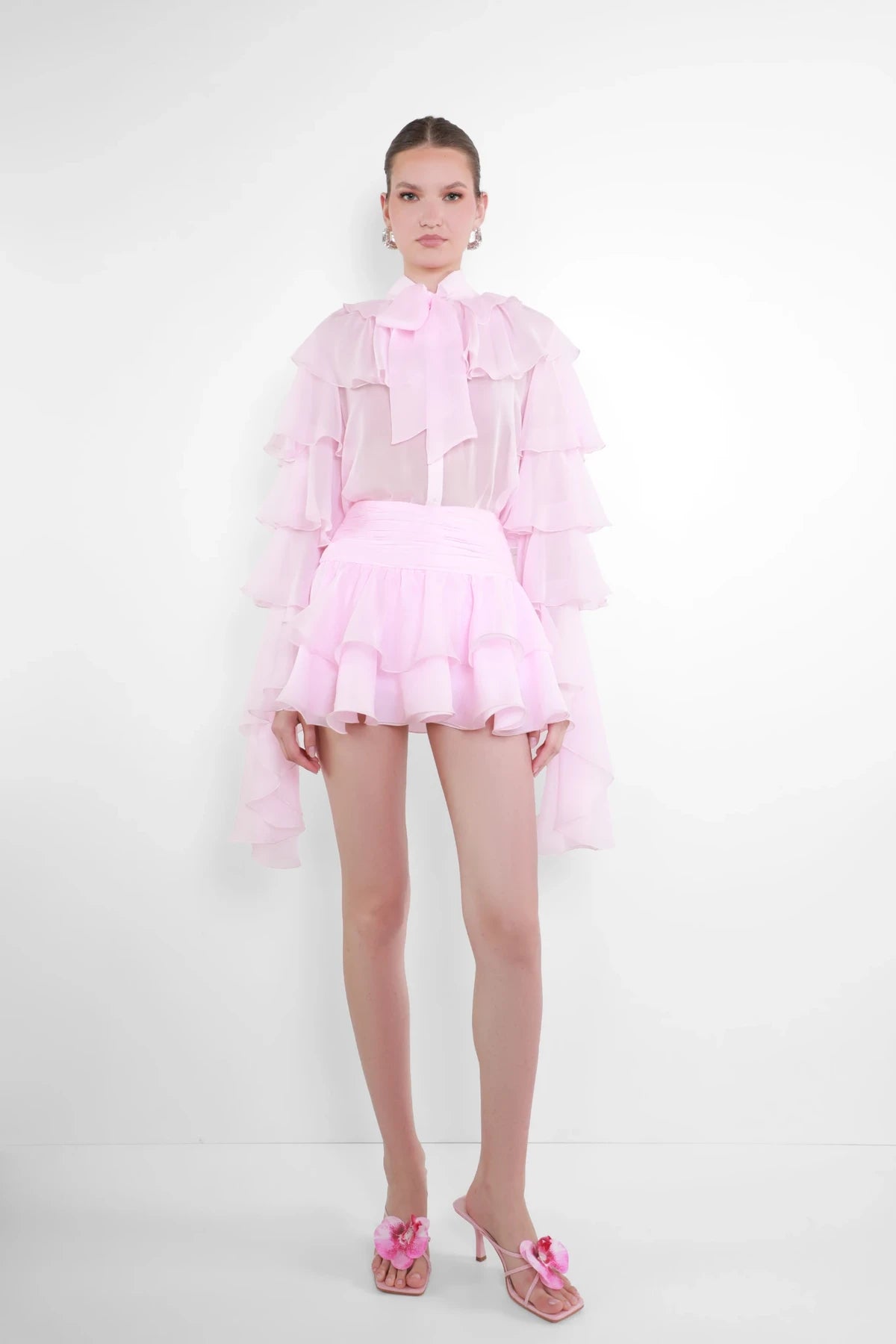 Chiffon Tiered-Ruffle Long-Sleeve Blouse and Tiered Mini Skirt Two-Piece Set