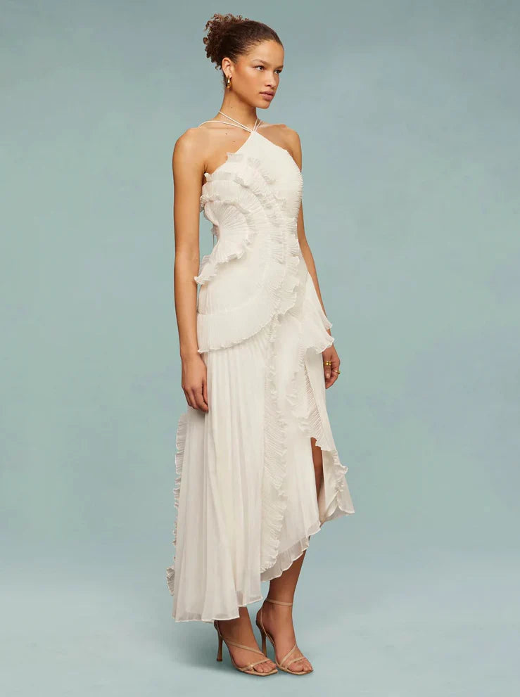 Double Tie Design Halter Spaghetti Strap Ruched Asymmetrical Hem Dress