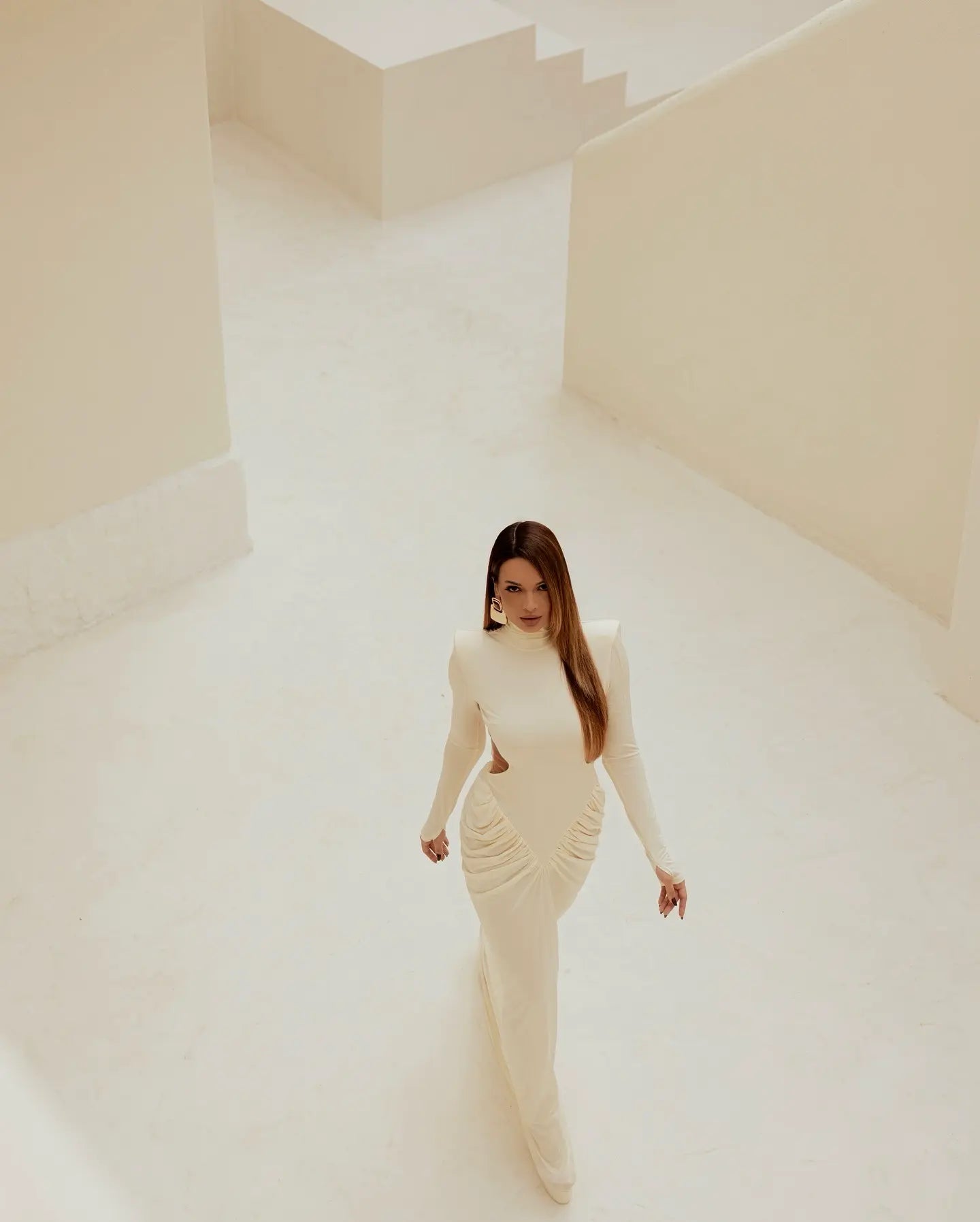 High-Neck Waist Cut-Out Ruched Maxi Dress
