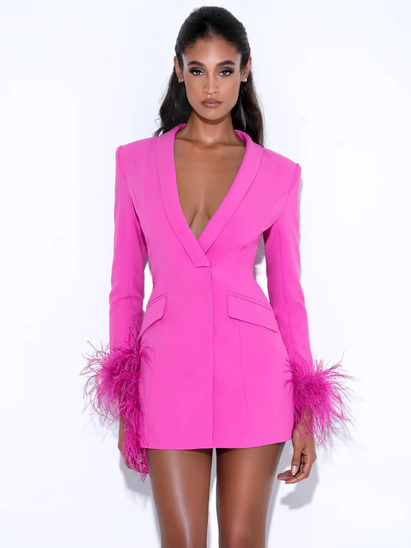 Deep V-Neck Velvet-Lapel Long-Sleeve Ostrich-Feather Blazer Dress