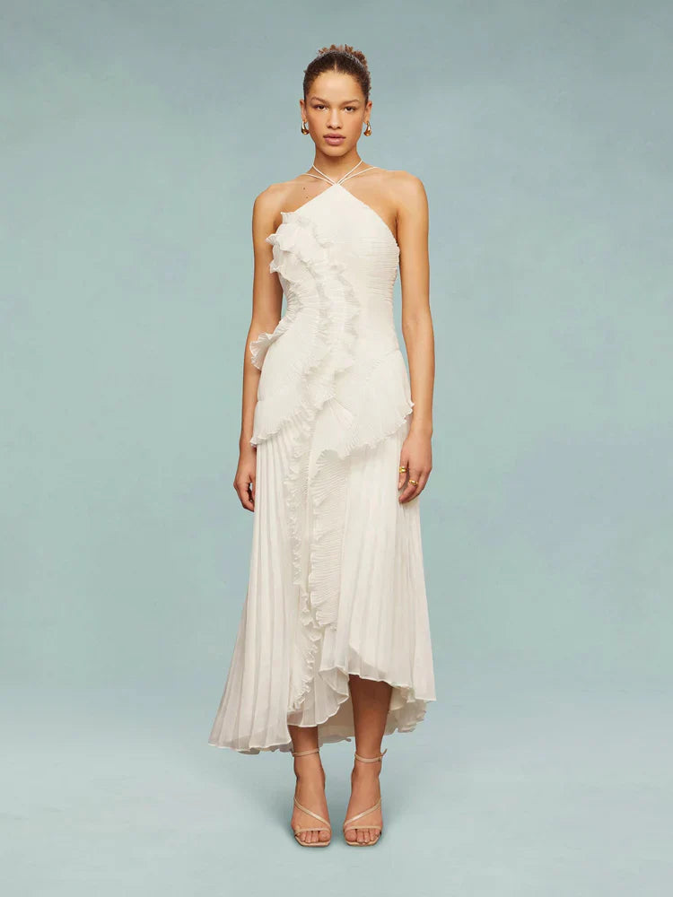 Double Tie Design Halter Spaghetti Strap Ruched Asymmetrical Hem Dress