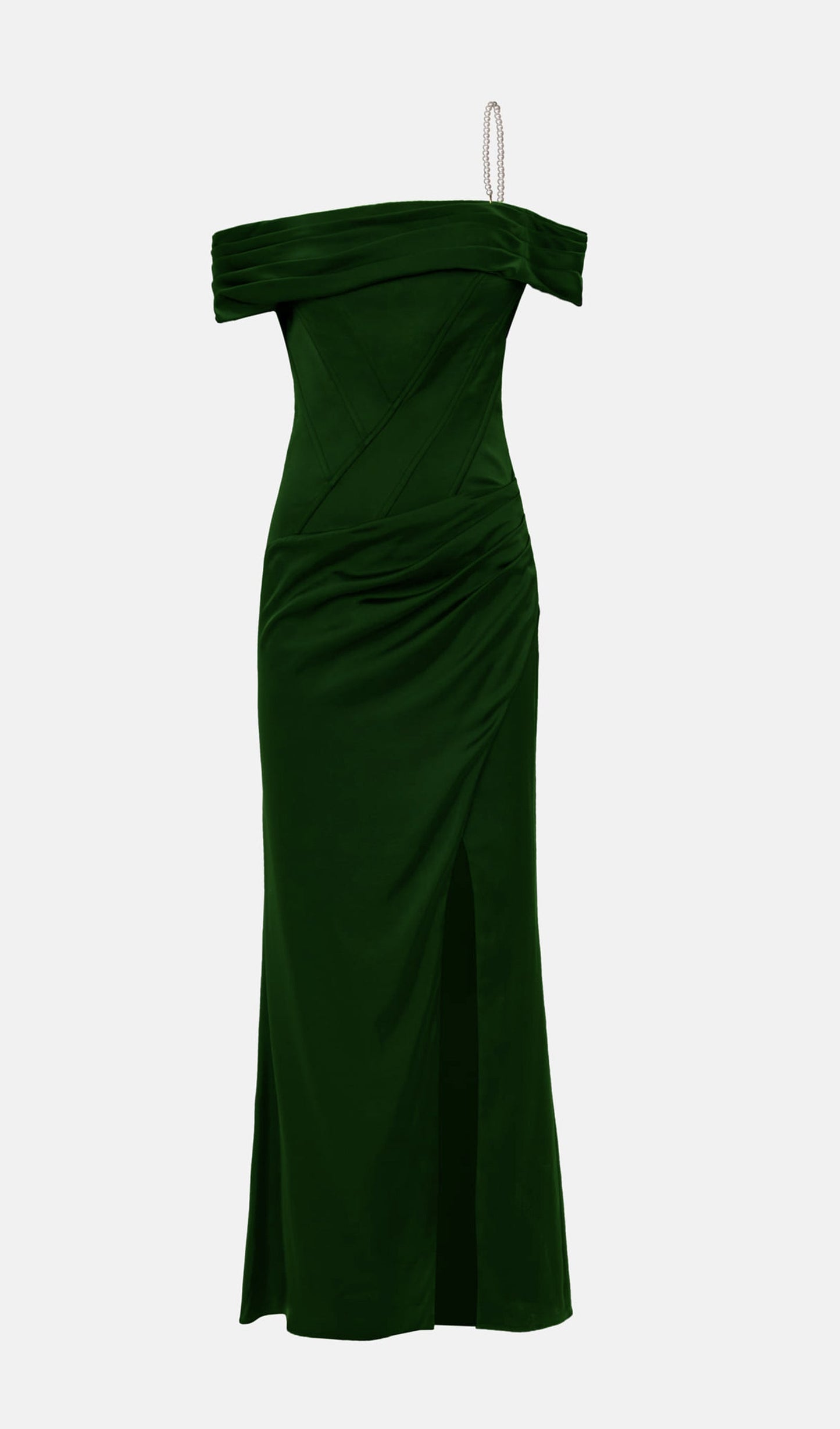 Satin Off Shoulder Diagonal Boning Maxi Dress