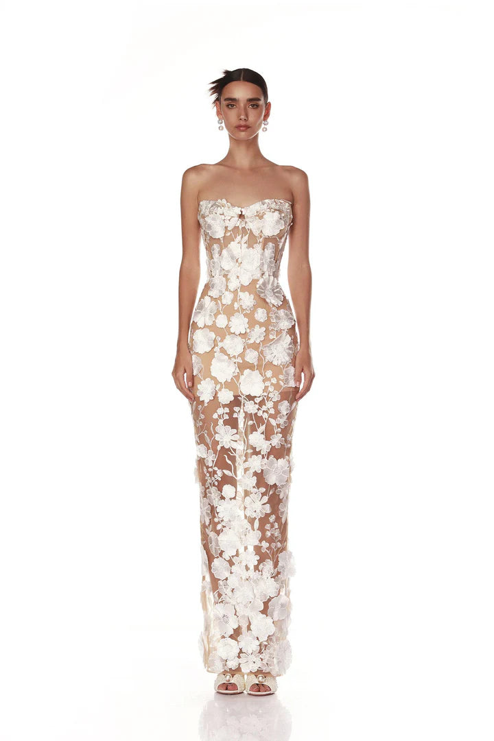 Strapless Floral Embroidered Gown