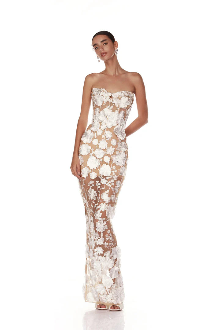 Strapless Floral Embroidered Gown