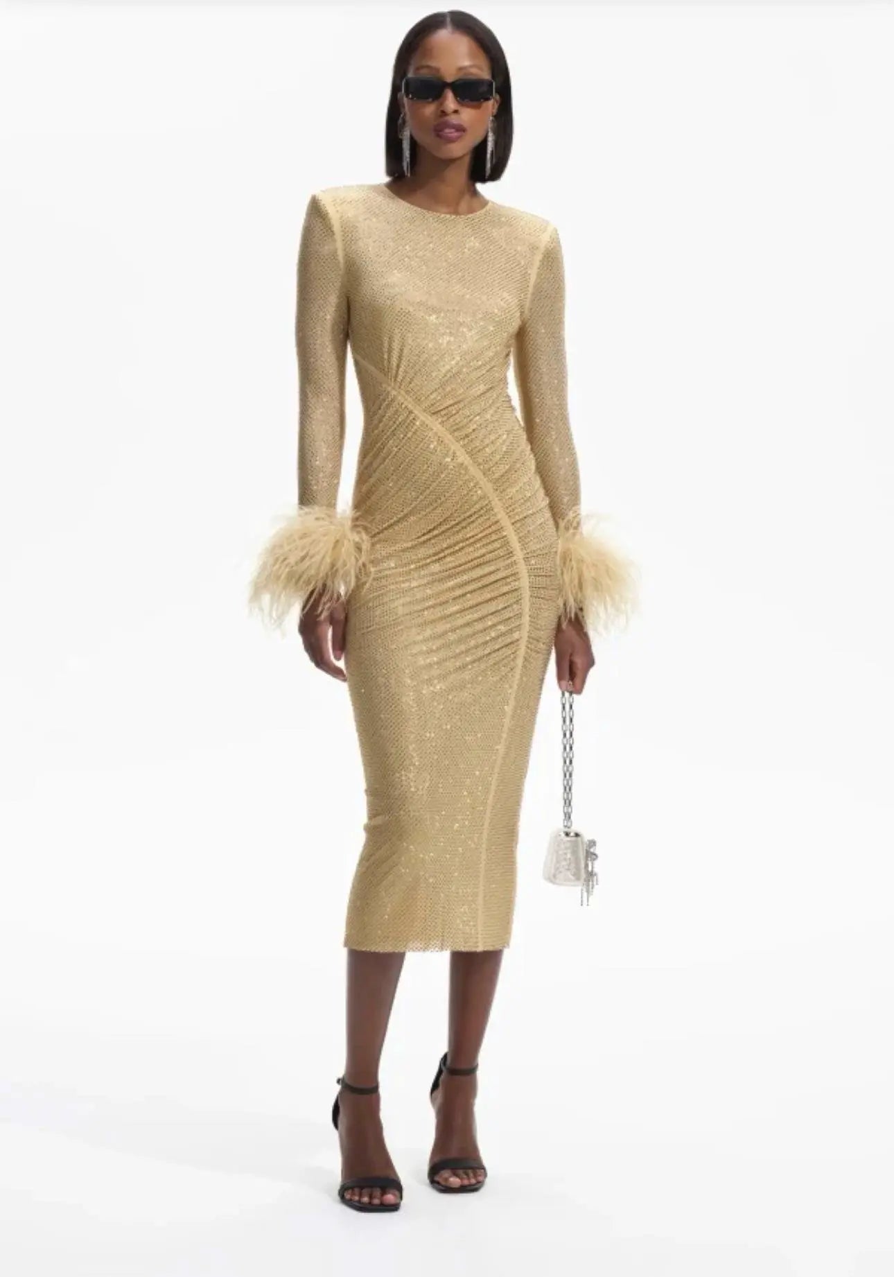 Bodycon Ruched Rhinestone Ostrich Feather Trim Dress