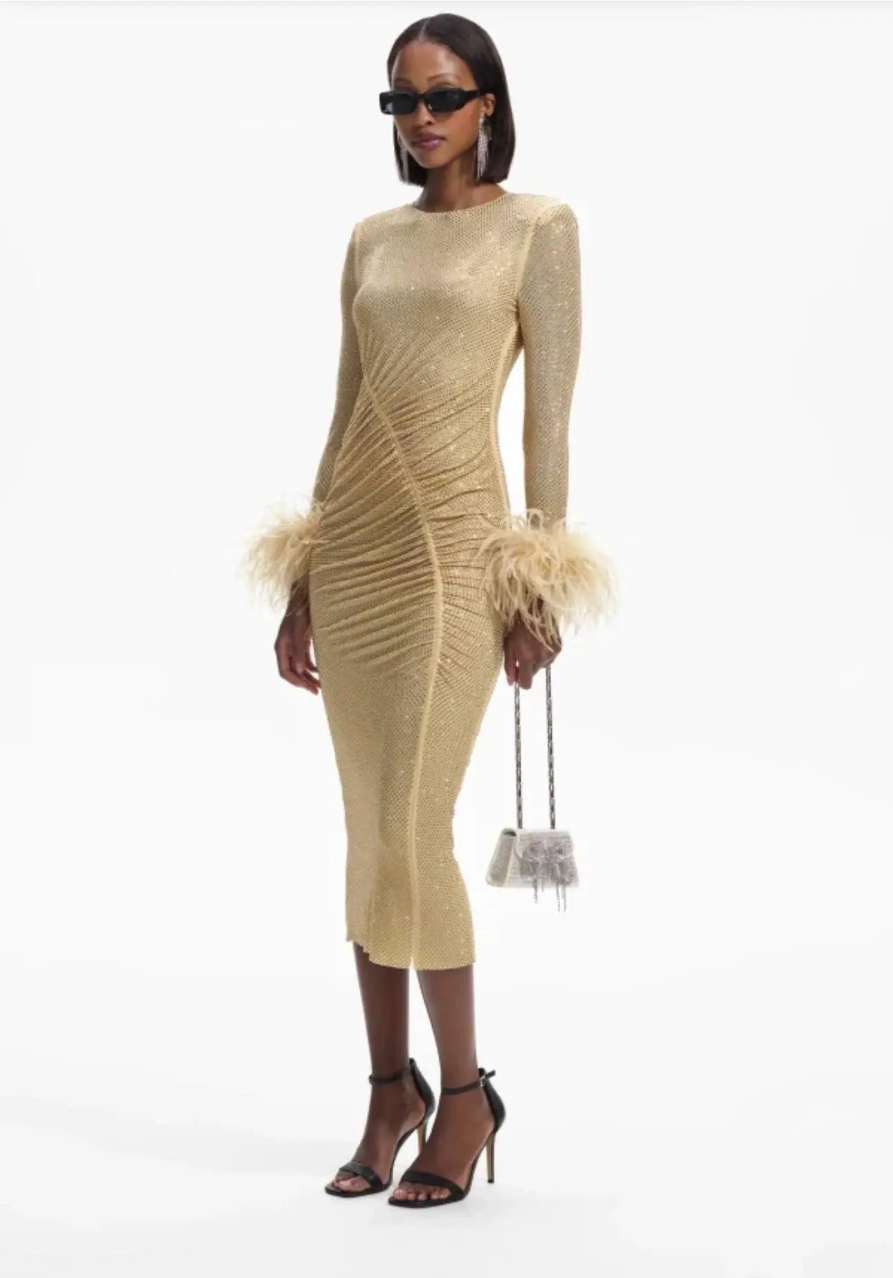 Bodycon Ruched Rhinestone Ostrich Feather Trim Dress