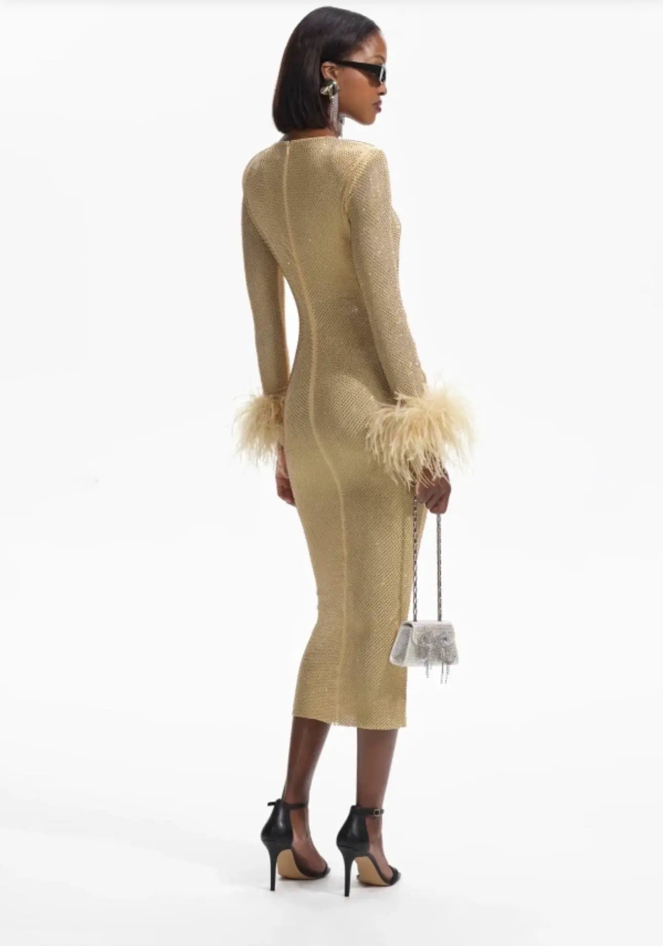 Bodycon Ruched Rhinestone Ostrich Feather Trim Dress