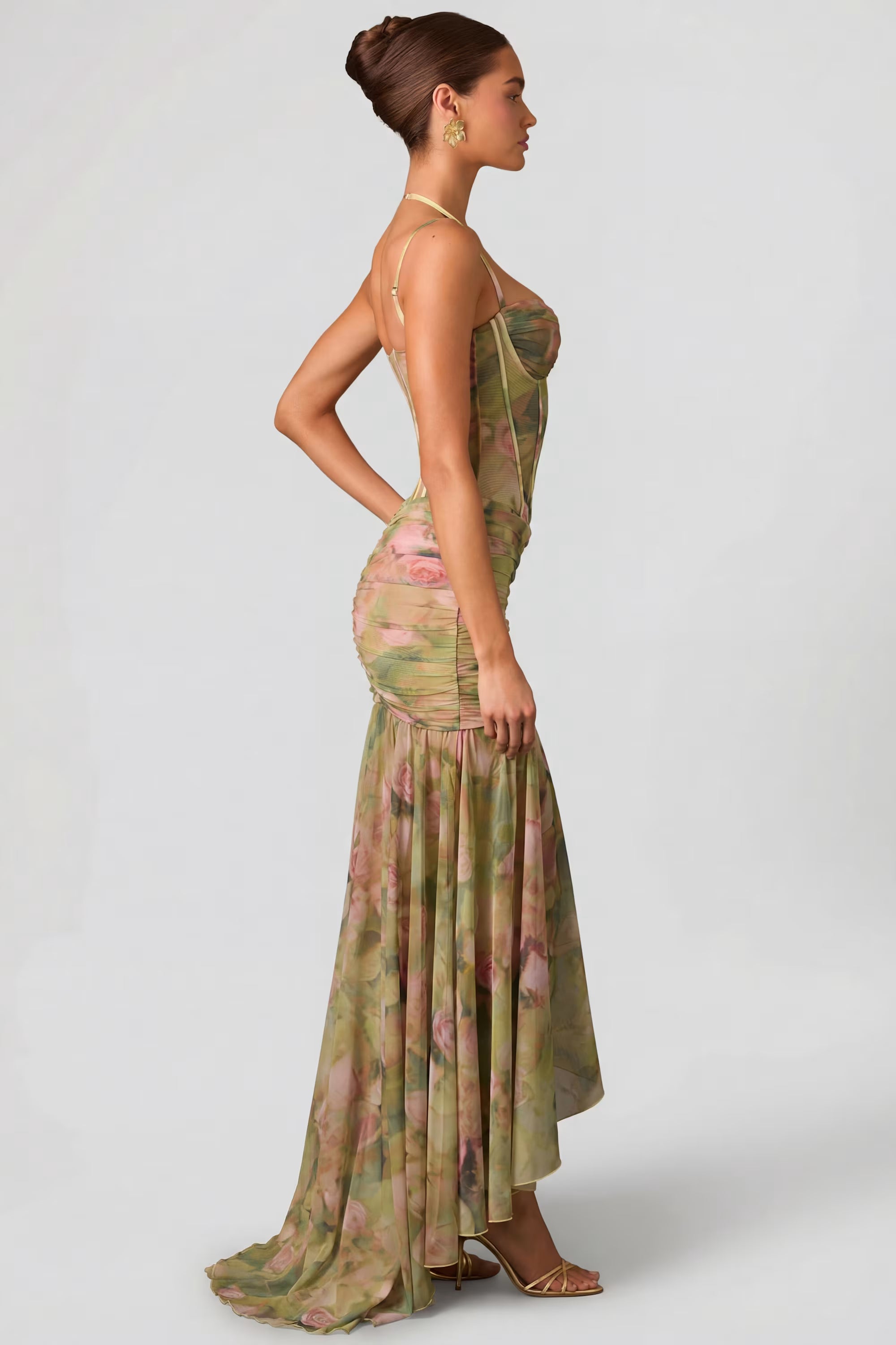 Halter-Strap Corset-Style Printed High-Slit Dress