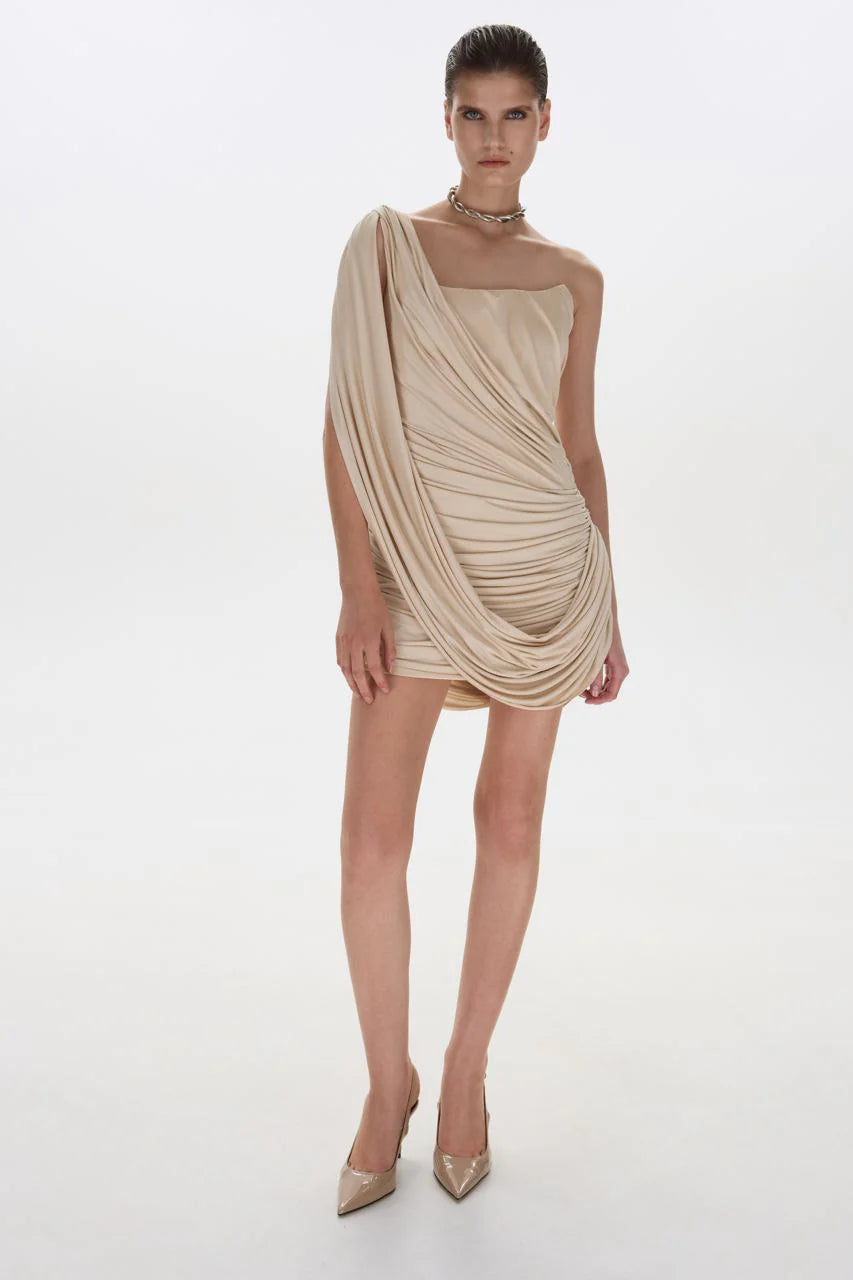 One-Shoulder Bandeau-Style Ruched Mini Evening Dress