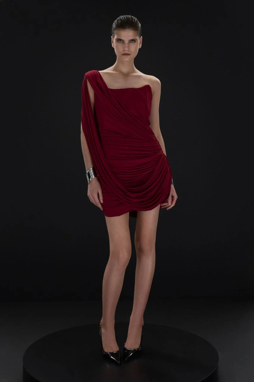 One-Shoulder Bandeau-Style Ruched Mini Red Evening Dress