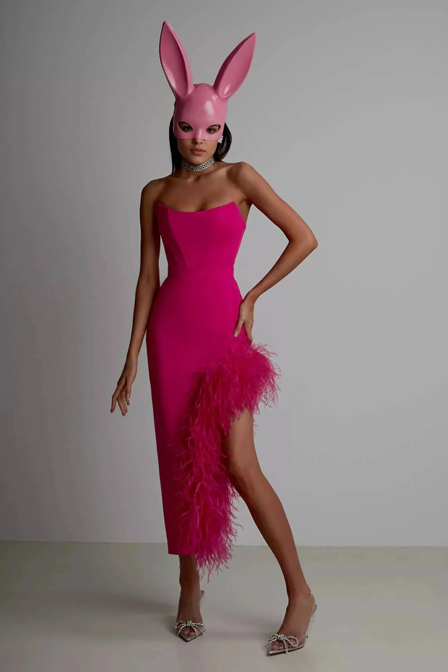 Strapless Feather-Trim Side-Slit Bodycon Dress