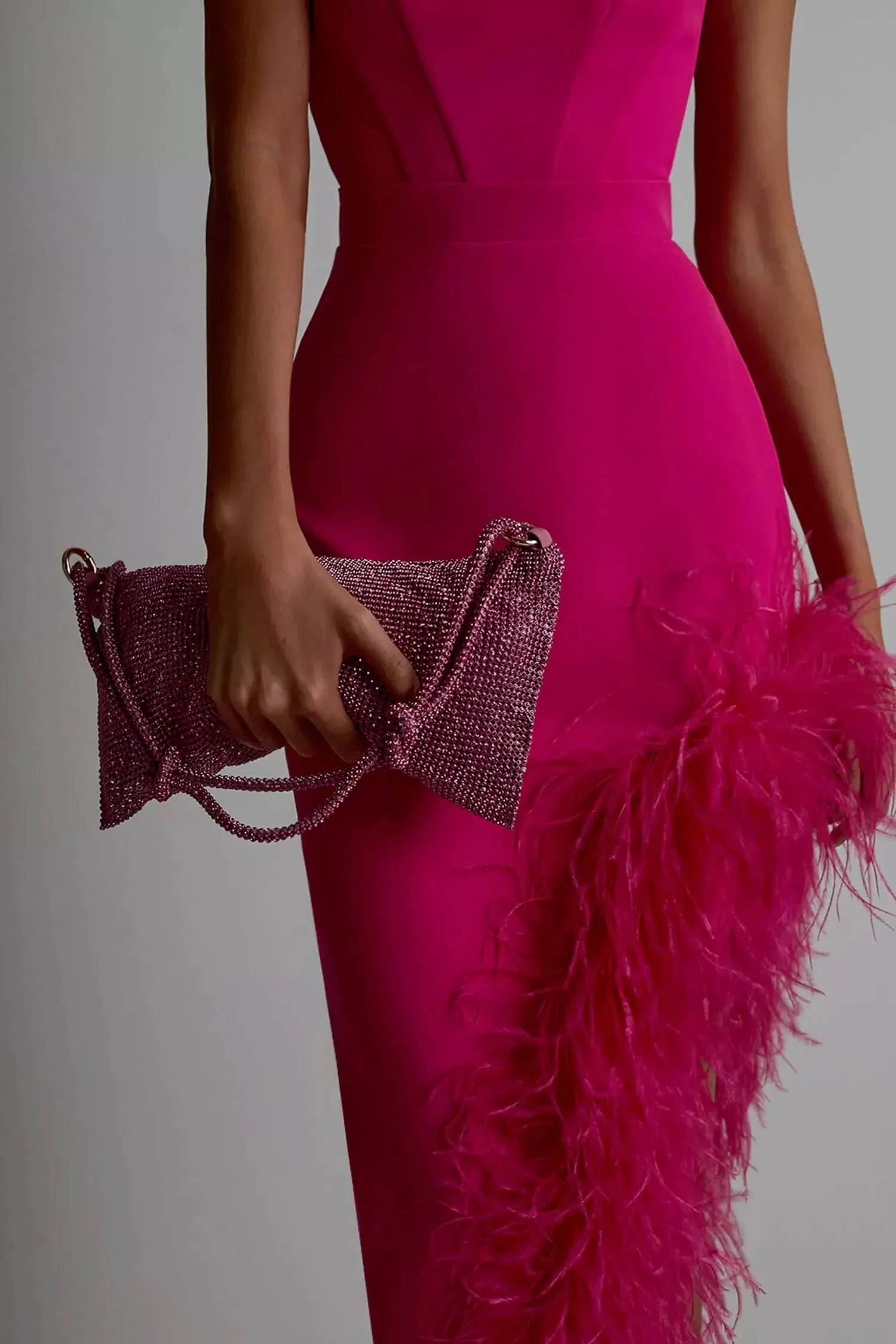 Strapless Feather-Trim Side-Slit Bodycon Dress