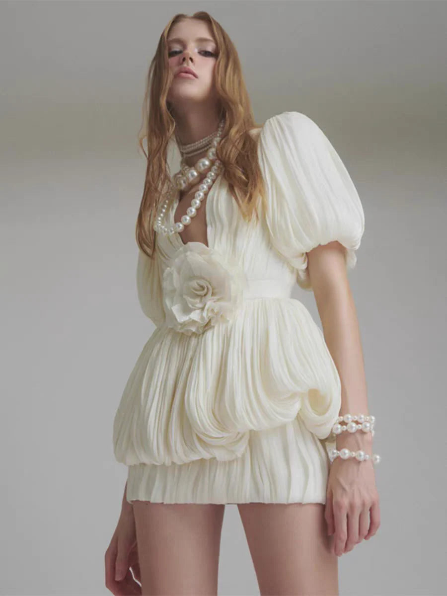 Mesh V-Neck Lantern-Sleeve Ruched Bubble Dress with 3D Floral Appliqué