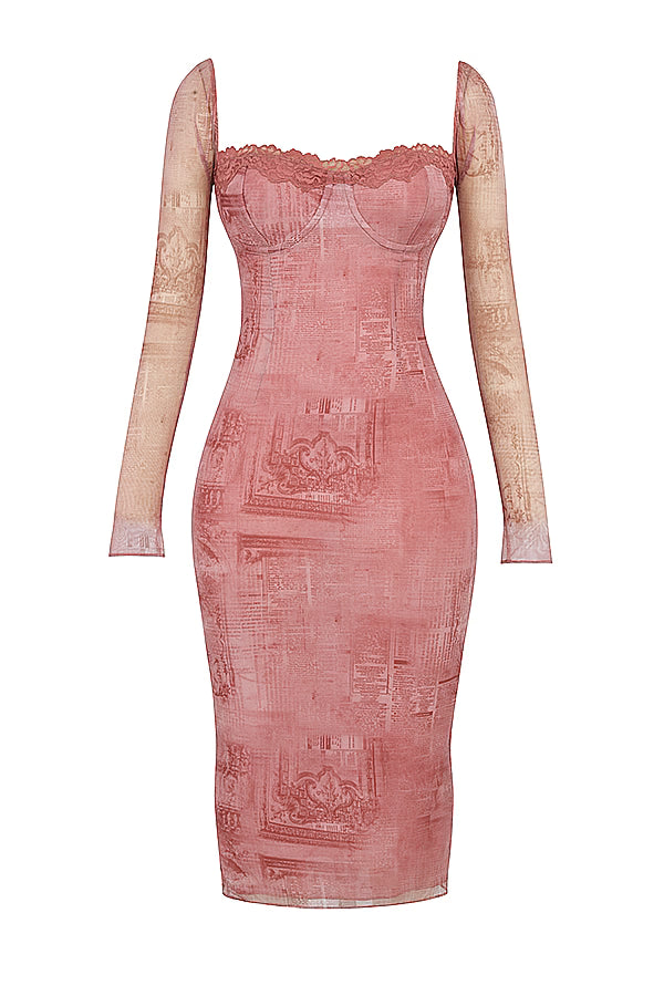 Square-Neck Long-Sleeve Corset Printed Bodycon Dress