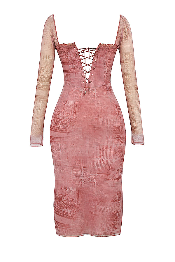 Square-Neck Long-Sleeve Corset Printed Bodycon Dress