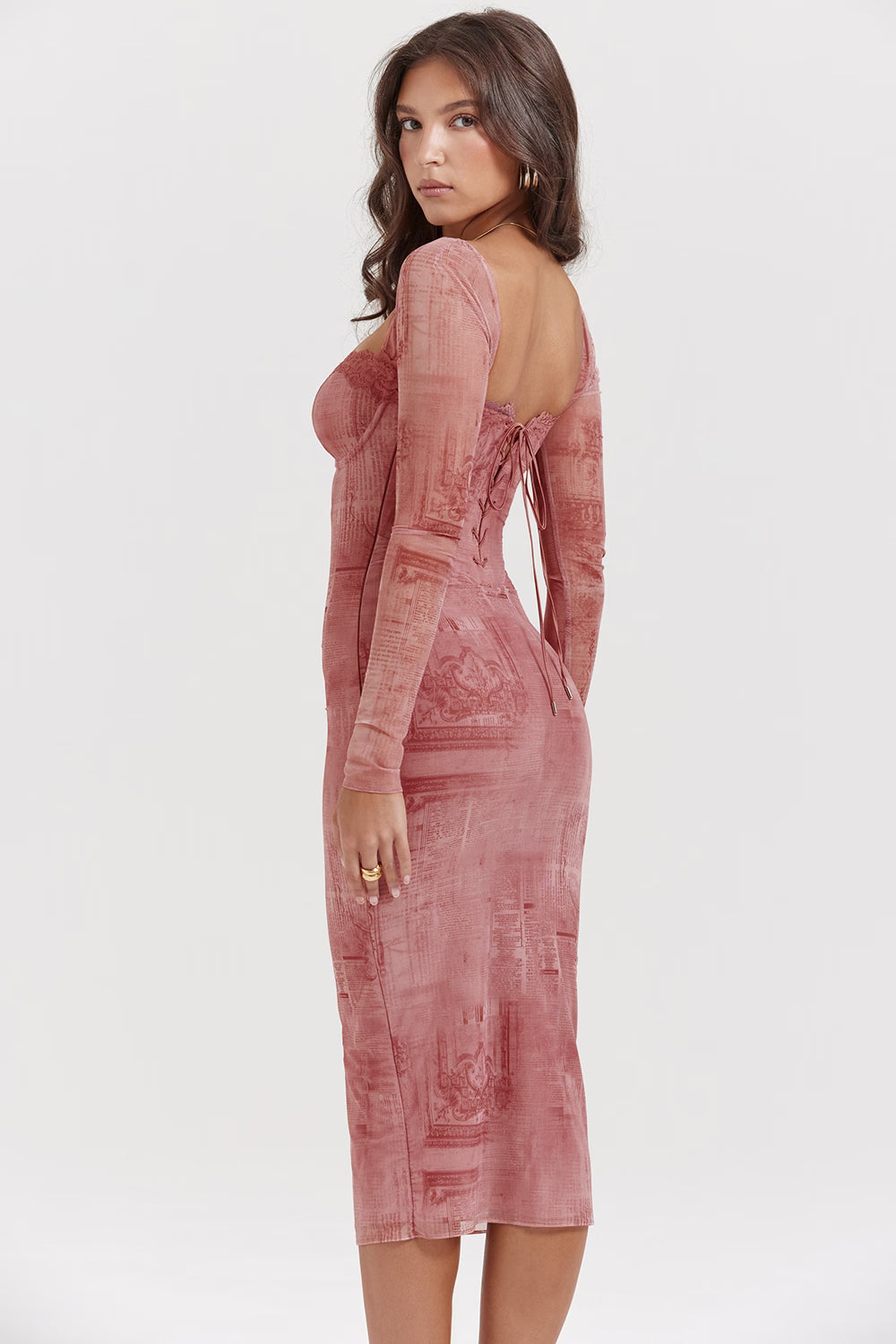 Square-Neck Long-Sleeve Corset Printed Bodycon Dress