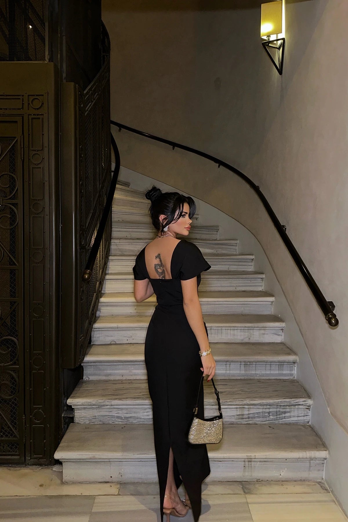 Square-Neck Rhinestone Bust and Shoulder-Drape Bodycon Maxi Dress