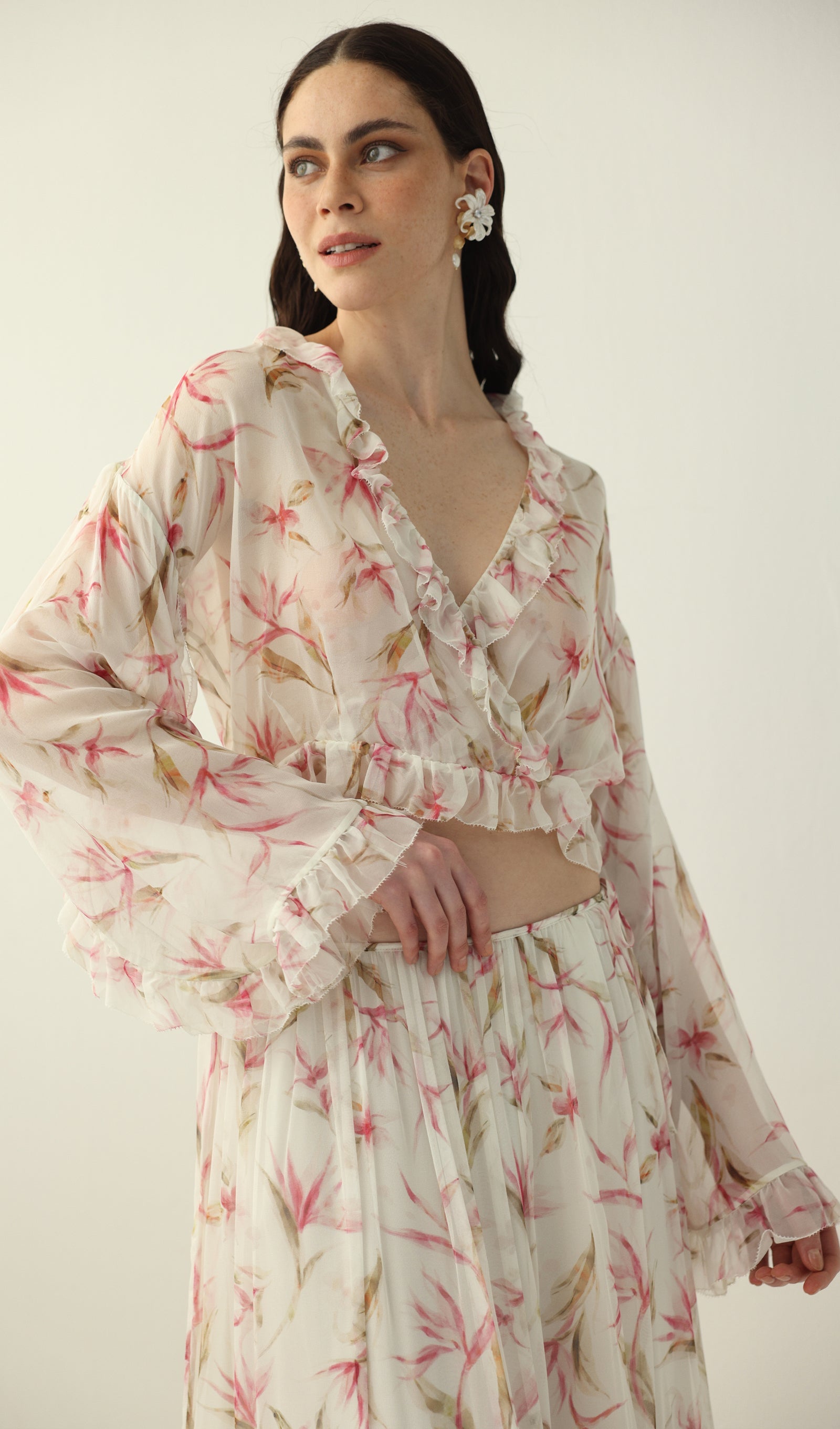 Floral Silk Ruffle Two Piece Sets