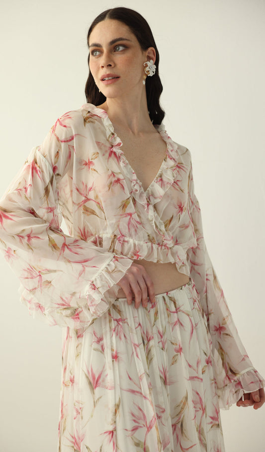 Floral Silk Ruffle Two Piece Sets