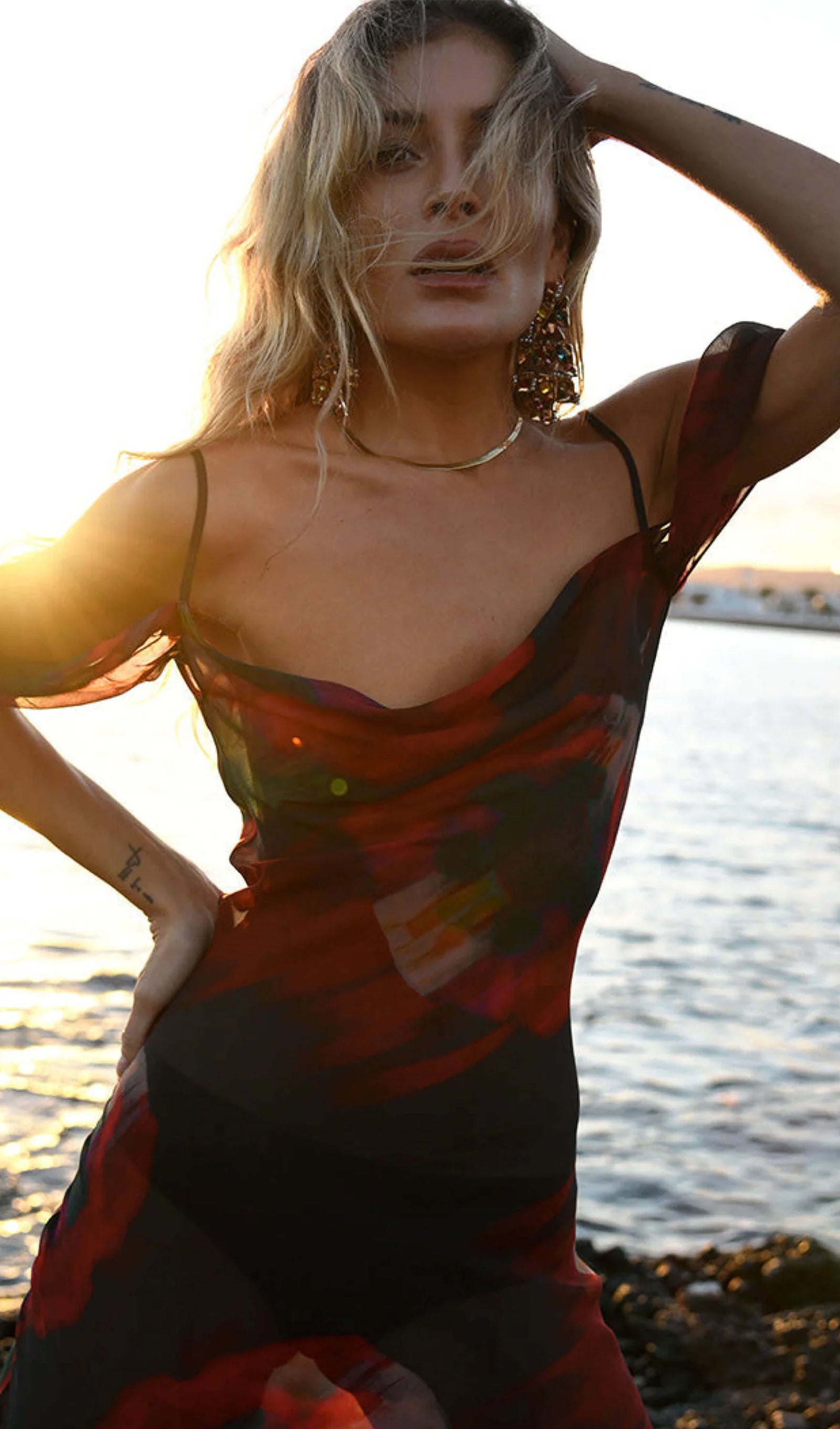 Abstract Floral Print Slip Maxi Dress
