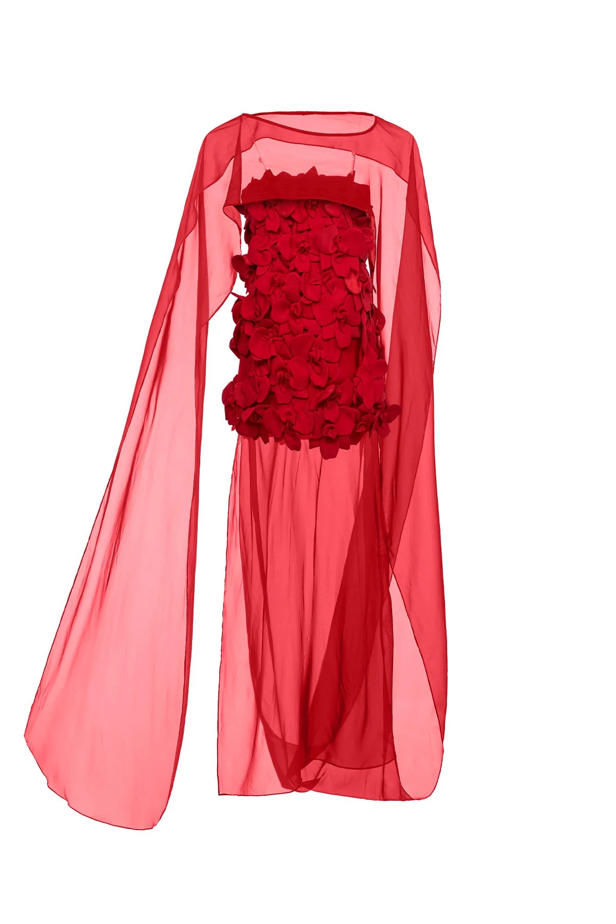 Straight-Neck Cape-Style Spaghetti-Strap 3D Floral Evening Gown