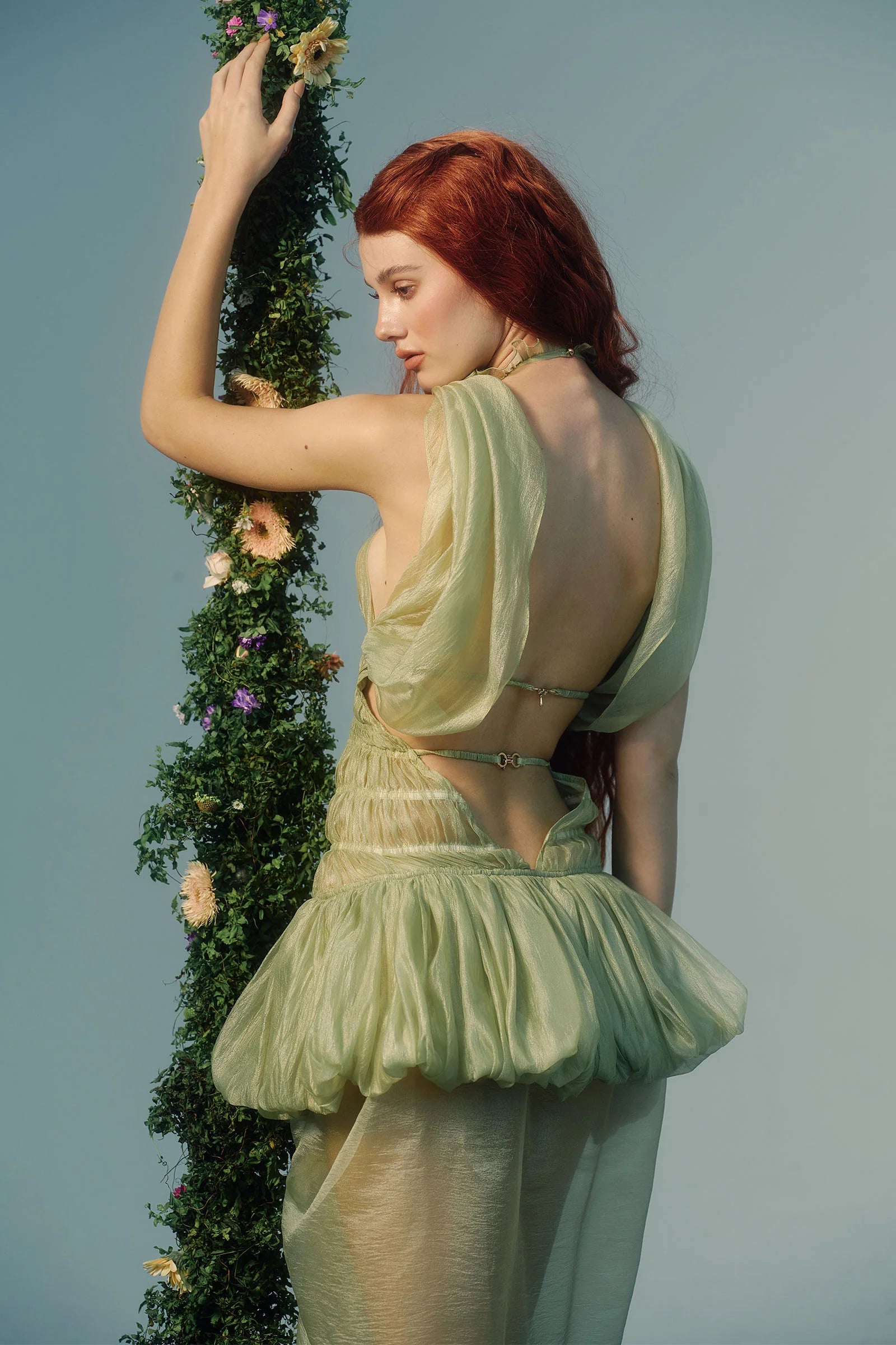Halter Scarf-Style Backless Ruched Draped Crinkle Dress