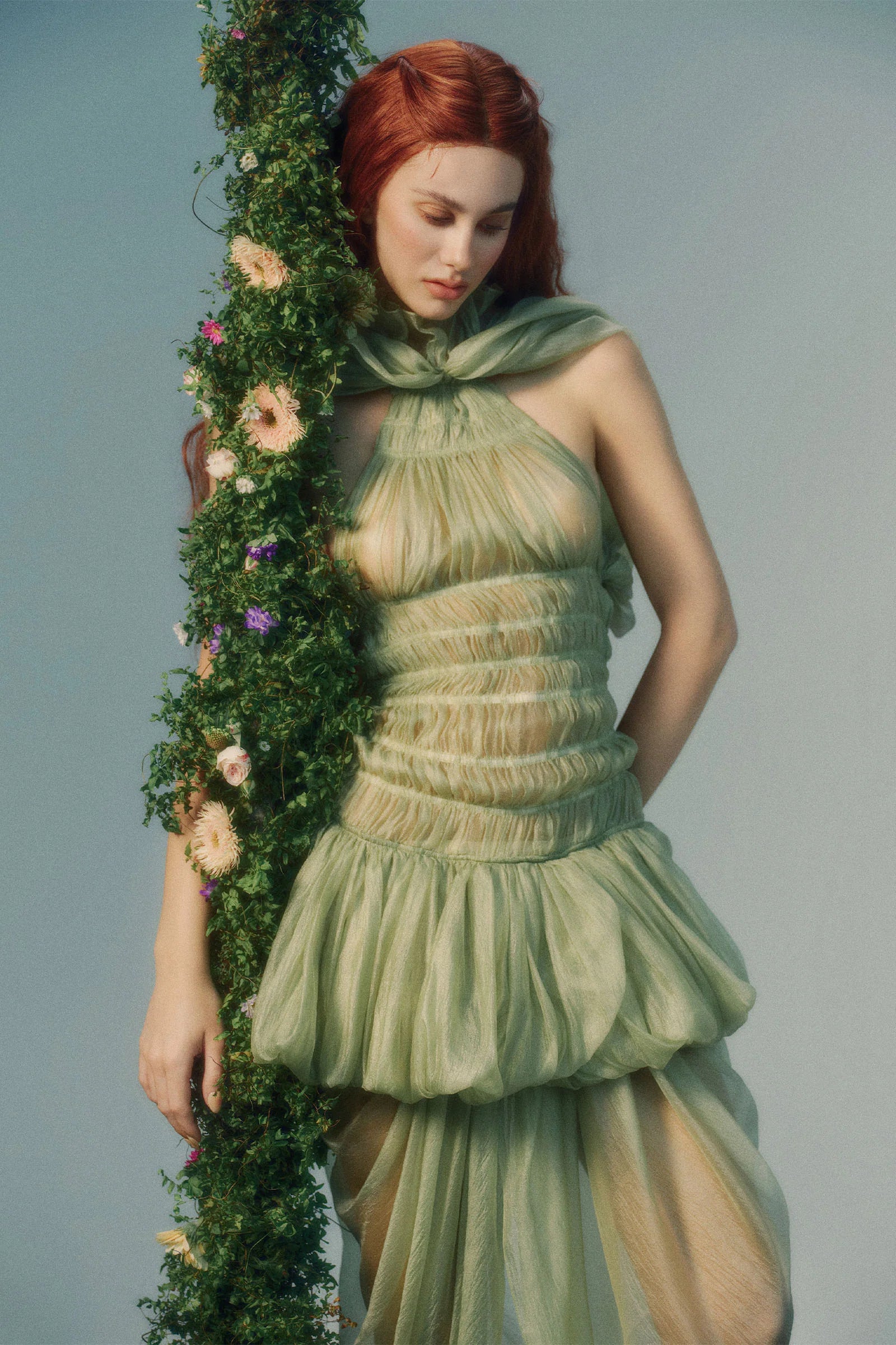 Halter Scarf-Style Backless Ruched Draped Crinkle Dress
