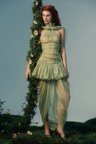 Halter Scarf-Style Backless Ruched Draped Crinkle Dress