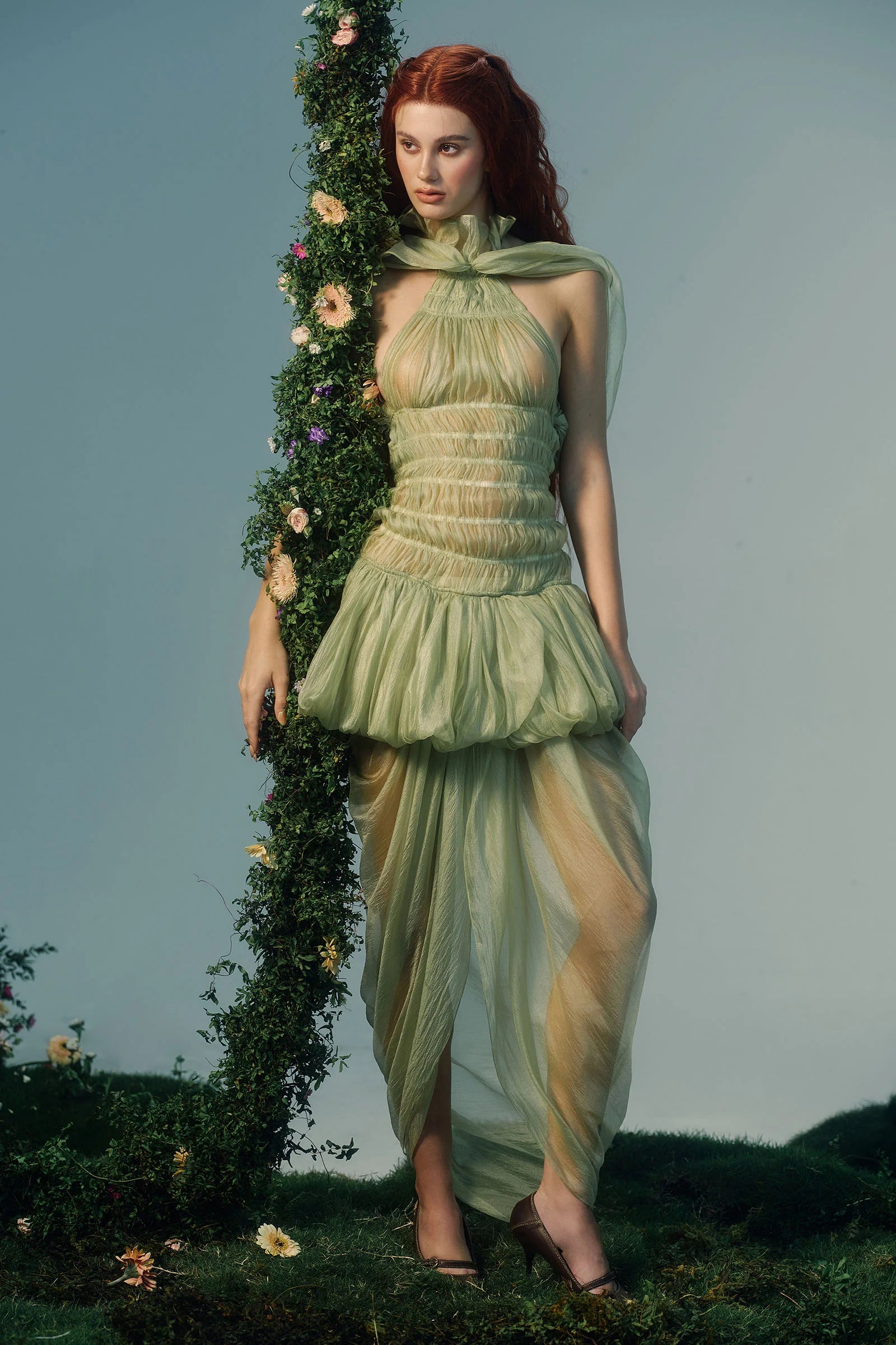 Halter Scarf-Style Backless Ruched Draped Crinkle Dress
