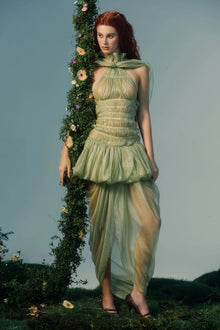 Halter Scarf-Style Backless Ruched Draped Crinkle Dress